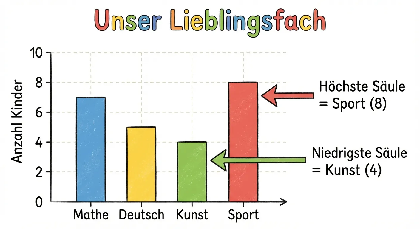 Erstelle das fertige Säulendiagramm mit farbigen Säulen für 4. Klasse.

**Bild zeigt:**
- Vollständiges Säulendiagramm mit:
  - Y-Achse: 0, 2, 4, 6, 8, 10 mit Beschriftung „Anzahl Kinder“
  - X-Achse: Mathe, Deutsch, Kunst, Sport
  - Titel: „Unser Lieblingsfach“

**Säulen:**
- Mathe: Blaue Säule, Höhe 7
- Deutsch: Gelbe Säule, Höhe 5
- Kunst: Grüne Säule, Höhe 4
- Sport: Rote Säule, Höhe 8

**Nummerierte Hinweise:**
1. Pfeil zur Sport-Säule: „Höchste Säule = Sport (8)“
2. Pfeil zur Kunst-Säule: „Niedrigste Säule = Kunst (4)“

**Gestaltung:**
- Bunte, ansprechende Säulen
- Klare Beschriftungen
- Leichte Gitterlinien im Hintergrund
- Kindgerechter Stil