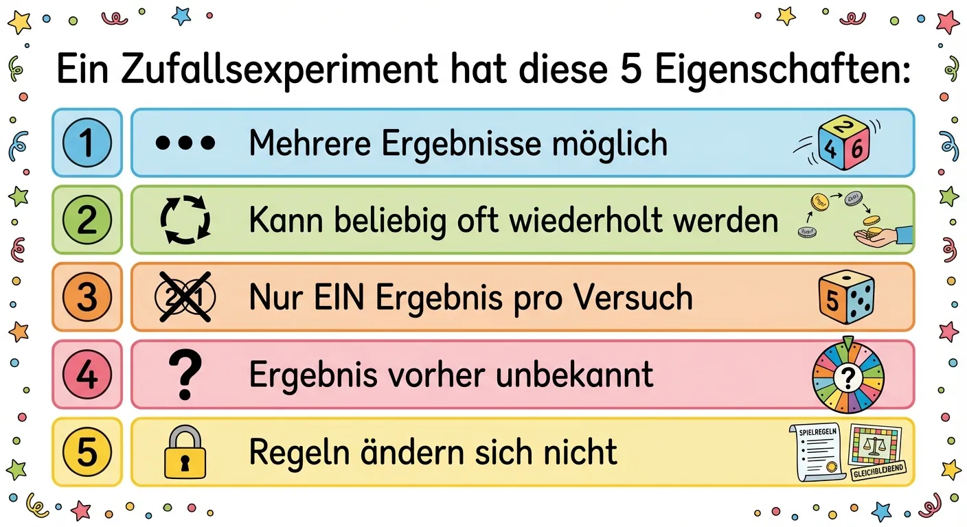 Erstelle eine übersichtliche Infografik für Grundschüler mit den fünf Eigenschaften eines Zufallsexperiments.

**Aufbau:**
Fünf bunte Boxen untereinander, nummeriert von 1 bis 5. Jede Box hat eine andere helle Farbe und ein kleines Symbol.

**Box 1 (hellblau, Symbol: drei Punkte):**
Text: „Mehrere Ergebnisse möglich“
Kleines Beispiel-Icon: Würfel zeigt verschiedene Zahlen

**Box 2 (hellgrün, Symbol: Kreispfeile):**
Text: „Kann beliebig oft wiederholt werden“
Kleines Beispiel-Icon: Münze mehrfach werfen

**Box 3 (hellorange, Symbol: durchgestrichenes Doppel):**
Text: „Nur EIN Ergebnis pro Versuch“
Kleines Beispiel-Icon: Würfel zeigt genau eine Zahl

**Box 4 (hellrosa, Symbol: Fragezeichen):**
Text: „Ergebnis vorher unbekannt“
Kleines Beispiel-Icon: Glücksrad mit Fragezeichen

**Box 5 (hellgelb, Symbol: Schloss):**
Text: „Regeln ändern sich nicht“
Kleines Beispiel-Icon: Gleichbleibende Spielregeln

**Überschrift oben:**
„Ein Zufallsexperiment hat diese 5 Eigenschaften:“

**Gestaltung:**
- Klare, große Schrift
- Freundlicher Cartoon-Stil für 4. Klasse
- Jede Box deutlich voneinander getrennt
- Weißer oder sehr heller Hintergrund