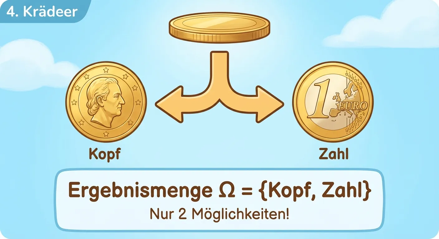 Erstelle eine übersichtliche Darstellung der Ergebnismenge einer Münze.

**Aufbau:**
- Oben: Eine große goldene Münze (neutral, von der Seite)
- Darunter ein Pfeil, der sich in zwei Richtungen teilt
- Links: Die Kopfseite der Münze mit Beschriftung „Kopf“
- Rechts: Die Zahlseite der Münze mit Beschriftung „Zahl“

**Unten:**
In einer Box: „Ergebnismenge Ω = {Kopf, Zahl}“
Darunter: „Nur 2 Möglichkeiten!“

**Gestaltung:**
- Goldene, realistische Münzen
- Klare Beschriftungen
- Kinderfreundlicher Stil für 4. Klasse
- Heller Hintergrund