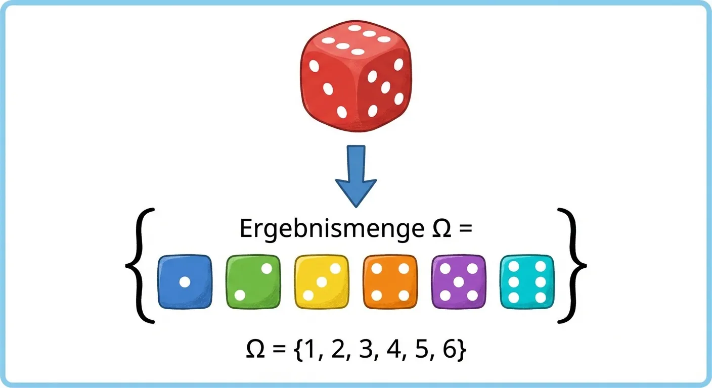 Erstelle eine klare, übersichtliche Darstellung der Ergebnismenge eines Würfels.

**Aufbau:**
- Oben: Ein großer roter Würfel
- Darunter ein Pfeil nach unten
- Unten: Eine große geschweifte Klammer mit allen 6 möglichen Würfelseiten

**Innerhalb der Klammer:**
Sechs kleine Würfel nebeneinander, die jeweils eine Seite zeigen:
- Würfel 1: Ein Punkt (1)
- Würfel 2: Zwei Punkte (2)
- Würfel 3: Drei Punkte (3)
- Würfel 4: Vier Punkte (4)
- Würfel 5: Fünf Punkte (5)
- Würfel 6: Sechs Punkte (6)

**Beschriftung:**
Über der Klammer: „Ergebnismenge Ω =“
Unter der Darstellung: „Ω = {1, 2, 3, 4, 5, 6}“

**Gestaltung:**
- Klare, große Darstellung
- Bunte Würfel mit deutlich sichtbaren Punkten
- Kinderfreundlicher Stil für 4. Klasse
- Weißer Hintergrund mit hellblauem Rahmen