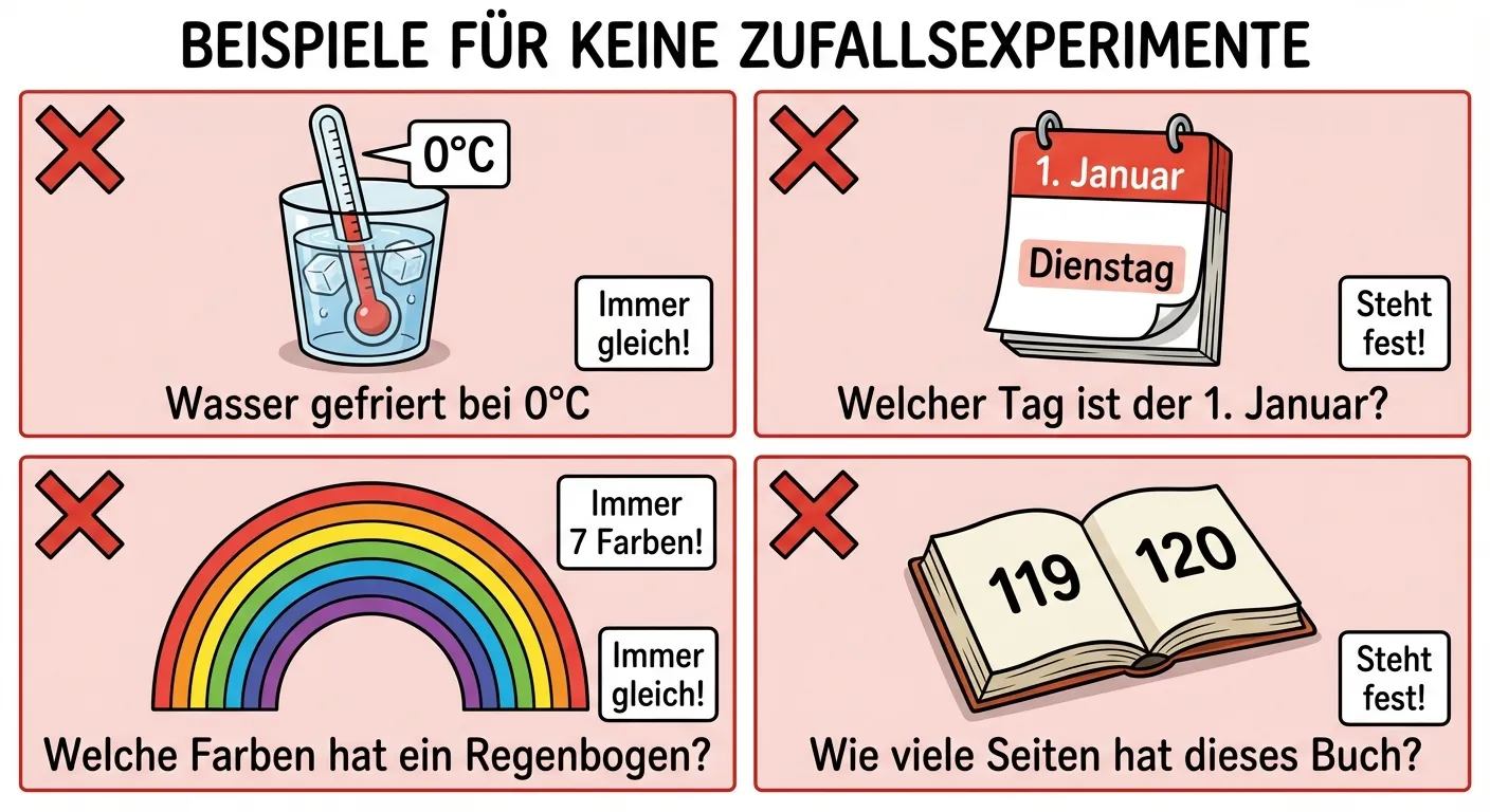 Erstelle eine Illustration mit vier Beispielen für Dinge, die KEINE Zufallsexperimente sind.

**Aufbau:** 2x2 Raster mit rotem X bei jedem Beispiel

**Oben links:**
Ein Thermometer in einem Glas Wasser mit Eiswürfeln
Beschriftung: „Wasser gefriert bei 0°C“
Kleine Box: „Immer gleich!“

**Oben rechts:**
Ein Kalender, der den 1. Januar zeigt (Dienstag)
Beschriftung: „Welcher Tag ist der 1. Januar?“
Kleine Box: „Steht fest!“

**Unten links:**
Ein Regenbogen mit den sieben Farben
Beschriftung: „Welche Farben hat ein Regenbogen?“
Kleine Box: „Immer 7 Farben!“

**Unten rechts:**
Ein aufgeschlagenes Buch mit Seitenzahlen
Beschriftung: „Wie viele Seiten hat dieses Buch?“
Kleine Box: „Steht fest!“

**Gestaltung:**
- Rote X-Symbole bei jedem Beispiel
- Klare Erklärung, warum es KEIN Zufall ist
- Freundlicher Cartoon-Stil für 4. Klasse
- Heller Hintergrund mit leichtem Rotton