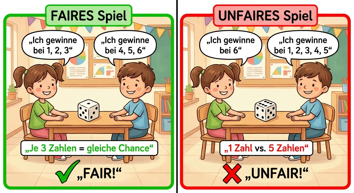 Erstelle einen Vergleich zwischen einem fairen und einem unfairen Spiel.

**Aufbau:**
Zwei Szenarien nebeneinander

**Links - FAIRES Spiel (grüner Rahmen):**
- Zwei Kinder (Anna und Ben) am Tisch
- Ein Würfel in der Mitte
- Anna: „Ich gewinne bei 1, 2, 3“
- Ben: „Ich gewinne bei 4, 5, 6“
- Unten: „Je 3 Zahlen = gleiche Chance“
- Grünes Häkchen: „FAIR!“

**Rechts - UNFAIRES Spiel (roter Rahmen):**
- Zwei Kinder (Anna und Ben) am Tisch
- Ein Würfel in der Mitte
- Anna: „Ich gewinne bei 6“
- Ben: „Ich gewinne bei 1, 2, 3, 4, 5“
- Unten: „1 Zahl vs. 5 Zahlen“
- Rotes X: „UNFAIR!“

**Gestaltung:**
- Klarer Vergleich
- Freundliche Cartoon-Kinder
- Deutliche Farbkodierung (grün = fair, rot = unfair)
- Kinderfreundlicher Stil für 4. Klasse