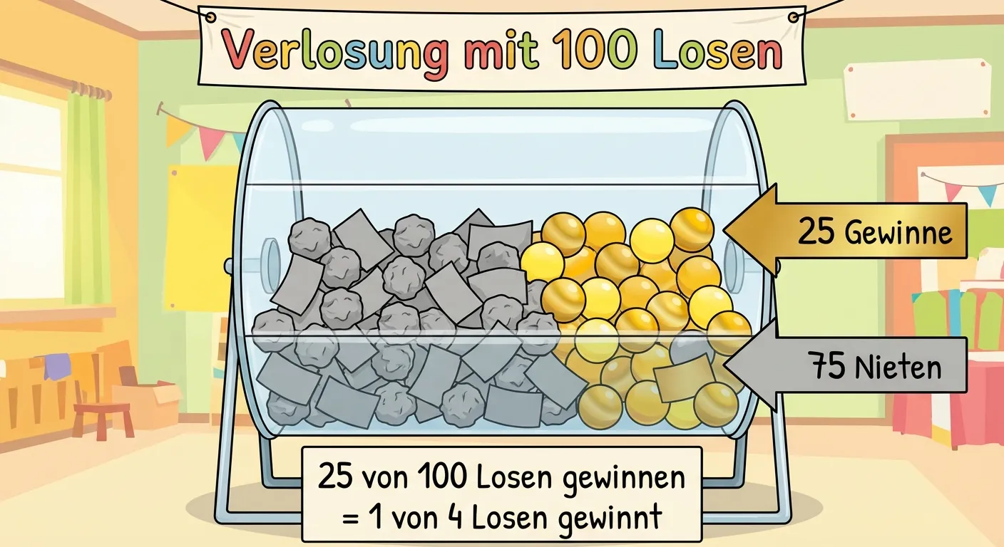 Erstelle eine anschauliche Darstellung einer Verlosung für Grundschüler.

**Aufbau:**
Eine große Lostrommel oder Box mit Losen darin

**Oben:**
Überschrift: „Verlosung mit 100 Losen“

**In der Mitte:**
Eine durchsichtige Lostrommel mit vielen bunten Losen
- 75 Lose in Grau (Nieten)
- 25 Lose in Gold/Gelb (Gewinne)

**Beschriftung an der Seite:**
- Pfeil zu goldenen Losen: „25 Gewinne“
- Pfeil zu grauen Losen: „75 Nieten“

**Unten:**
Box mit Text: „25 von 100 Losen gewinnen“
Darunter: „= 1 von 4 Losen gewinnt“

**Gestaltung:**
- Klare, übersichtliche Darstellung
- Deutlicher Farbunterschied zwischen Gewinnen und Nieten
- Kinderfreundlicher Stil
- Heller, freundlicher Hintergrund