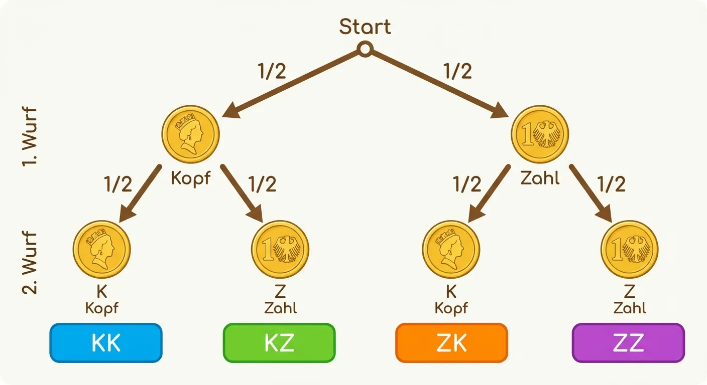 Erstelle ein übersichtliches Baumdiagramm für zweimaliges Münzwerfen.

**Aufbau:**
Ein Baumdiagramm das sich von oben nach unten verzweigt

**Start (oben):**
Ein Punkt oder kleiner Kreis mit Beschriftung „Start“

**1. Stufe (Mitte):**
Zwei Äste verzweigen sich vom Start:
- Linker Ast (Pfeil): führt zu goldener Münze „Kopf“ (K)
- Rechter Ast (Pfeil): führt zu goldener Münze „Zahl“ (Z)
- An jedem Ast steht: „1/2“
- Beschriftung links: „1. Wurf“

**2. Stufe (unten):**
Von „Kopf“ gehen zwei Äste ab:
- Links: zu „K“ (Kopf) mit „1/2“
- Rechts: zu „Z“ (Zahl) mit „1/2“

Von „Zahl“ gehen zwei Äste ab:
- Links: zu „K“ (Kopf) mit „1/2“
- Rechts: zu „Z“ (Zahl) mit „1/2“

Beschriftung: „2. Wurf“

**Endergebnisse (ganz unten) in bunten Boxen:**
- „KK“ (Kopf-Kopf) - blau
- „KZ“ (Kopf-Zahl) - grün
- „ZK“ (Zahl-Kopf) - orange
- „ZZ“ (Zahl-Zahl) - lila

**Gestaltung:**
- Klare Baumstruktur von oben nach unten
- Goldene Münzsymbole bei K und Z
- Deutlich lesbare Wahrscheinlichkeiten (1/2)
- Farbige Endergebnis-Boxen
- Kinderfreundlicher, übersichtlicher Stil
- Heller Hintergrund