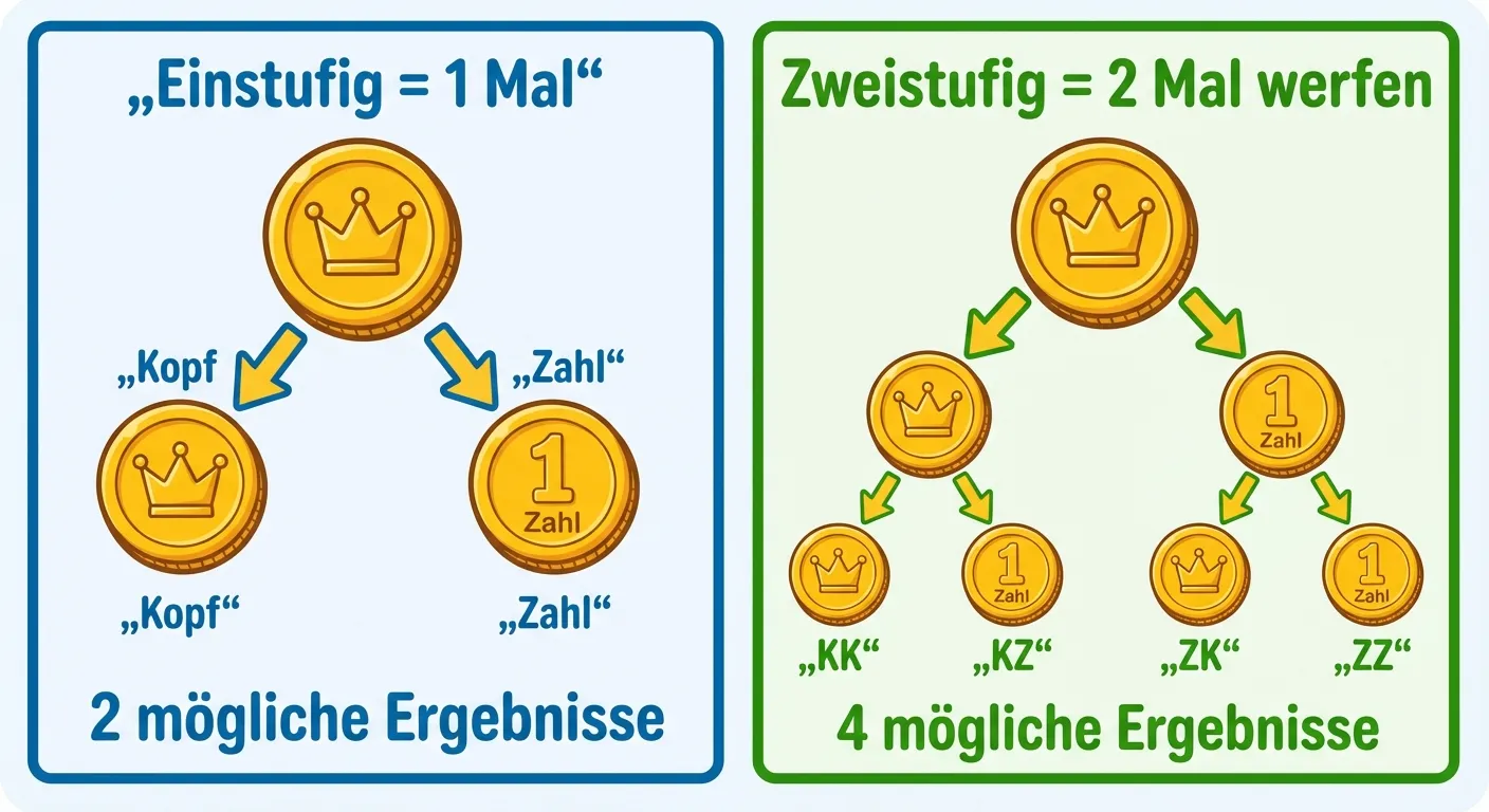 Erstelle einen klaren Vergleich zwischen einstufigen und mehrstufigen Zufallsexperimenten.

**Aufbau:**
Zwei Bereiche übereinander

**Oben - Einstufig (blauer Rahmen):**
- Überschrift: „Einstufig = 1 Mal“
- Eine einzelne Münze mit einem Pfeil zeigt auf zwei Ergebnisse
- Links: Münze zeigt Kopf, Beschriftung „Kopf“
- Rechts: Münze zeigt Zahl, Beschriftung „Zahl“
- Unten: „2 mögliche Ergebnisse“

**Unten - Mehrstufig (grüner Rahmen):**
- Überschrift: „Zweistufig = 2 Mal werfen“
- Erste Münze mit Pfeilen zu Kopf und Zahl
- Von jedem Ergebnis gehen weitere Pfeile ab (2. Wurf)
- Endergebnisse: „KK“, „KZ“, „ZK“, „ZZ“
- Unten: „4 mögliche Ergebnisse“

**Gestaltung:**
- Klare visuelle Trennung zwischen ein- und mehrstufig
- Große, goldene Münzen mit sichtbarem Kopf/Zahl
- Pfeile zeigen den Ablauf
- Kinderfreundlicher Stil für 4. Klasse
- Heller Hintergrund