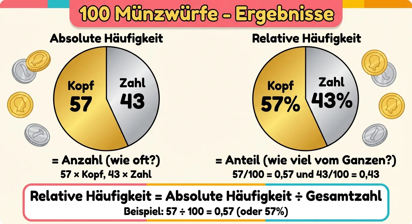 Erstelle eine übersichtliche Erklärung von absoluter und relativer Häufigkeit.

**Aufbau:**
Oben: Überschrift „100 Münzwürfe - Ergebnisse“

**Mitte - Visualisierung:**
Zwei große Kreisdiagramme (Pie Charts) nebeneinander

**Linkes Kreisdiagramm - Absolute Häufigkeit:**
- 57% des Kreises in Gold (Kopf)
- 43% des Kreises in Silber (Zahl)
- In der Mitte: große Zahlen „57“ und „43“
- Überschrift: „Absolute Häufigkeit“
- Darunter: „= Anzahl (wie oft?)“
- Beschriftung: „57 × Kopf, 43 × Zahl“

**Rechtes Kreisdiagramm - Relative Häufigkeit:**
- Gleiche Aufteilung wie links
- In der Mitte: „57%“ und „43%“
- Überschrift: „Relative Häufigkeit“
- Darunter: „= Anteil (wie viel vom Ganzen?)“
- Beschriftung: „57/100 = 0,57 und 43/100 = 0,43“

**Unten die Formel:**
Box: „Relative Häufigkeit = Absolute Häufigkeit ÷ Gesamtzahl“
Beispiel: „57 ÷ 100 = 0,57 (oder 57%)“

**Gestaltung:**
- Klare Kreisdiagramme mit deutlichen Farben
- Große, lesbare Zahlen
- Kinderfreundlicher Stil für 4. Klasse
- Heller Hintergrund