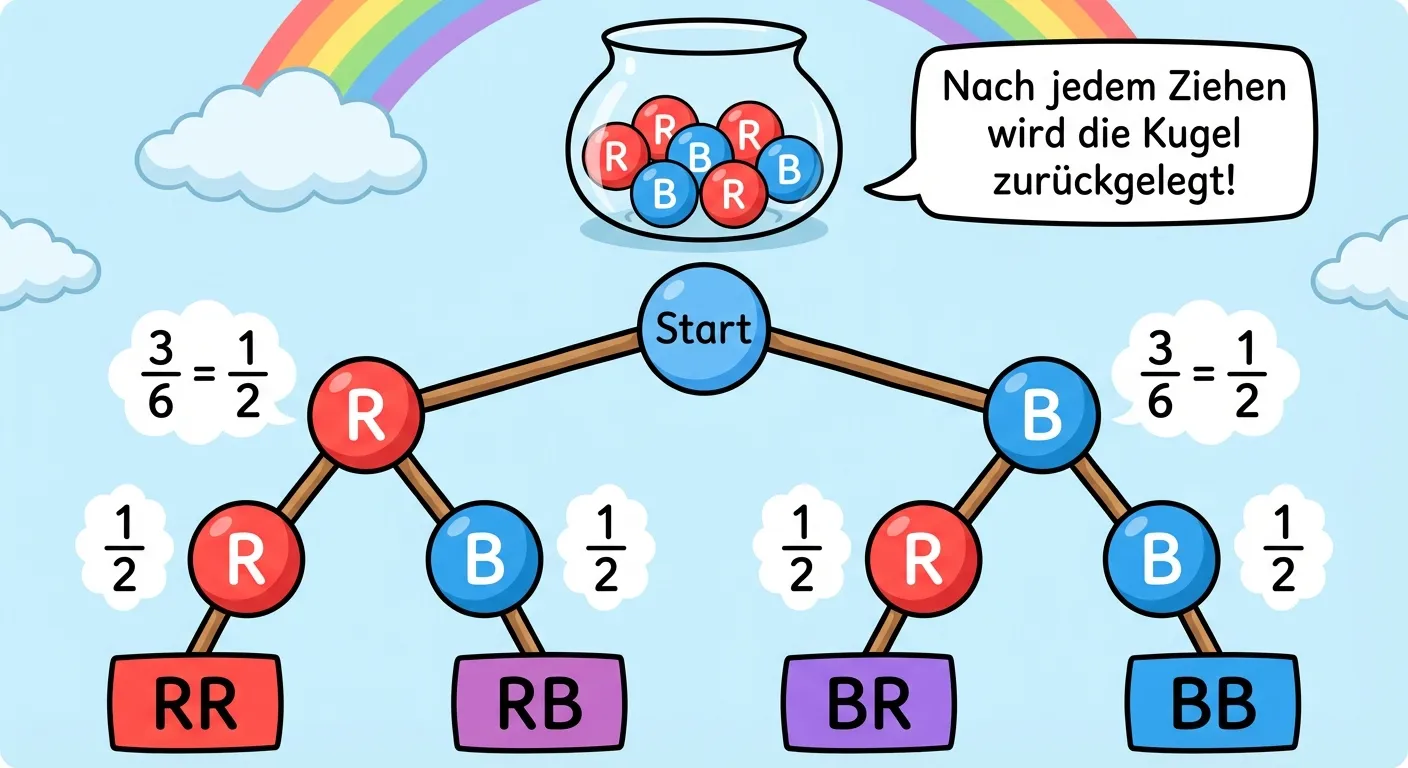 Erstelle ein Baumdiagramm für das Ziehen aus einer Urne.

**Aufbau:**
Oben: Eine durchsichtige Urne (Glasgefäß) mit 6 Kugeln
- 3 rote Kugeln mit „R“ beschriftet
- 3 blaue Kugeln mit „B“ beschriftet
Text daneben: „Nach jedem Ziehen wird die Kugel zurückgelegt!“

**Darunter das Baumdiagramm:**

**Start:**
Ein Punkt mit „Start“

**1. Ziehung:**
Zwei Äste:
- Links: Rote Kugel „R“ mit Wahrscheinlichkeit „3/6 = 1/2“
- Rechts: Blaue Kugel „B“ mit Wahrscheinlichkeit „3/6 = 1/2“

**2. Ziehung:**
Von R aus:
- Links: R mit „1/2“
- Rechts: B mit „1/2“

Von B aus:
- Links: R mit „1/2“
- Rechts: B mit „1/2“

**Endergebnisse in bunten Boxen:**
- „RR“ (rot-rot) - rot
- „RB“ (rot-blau) - lila
- „BR“ (blau-rot) - lila
- „BB“ (blau-blau) - blau

**Gestaltung:**
- Klare, bunte Kugeln
- Deutliche Wahrscheinlichkeiten
- Übersichtliches Baumdiagramm
- Kinderfreundlicher Stil für 4. Klasse