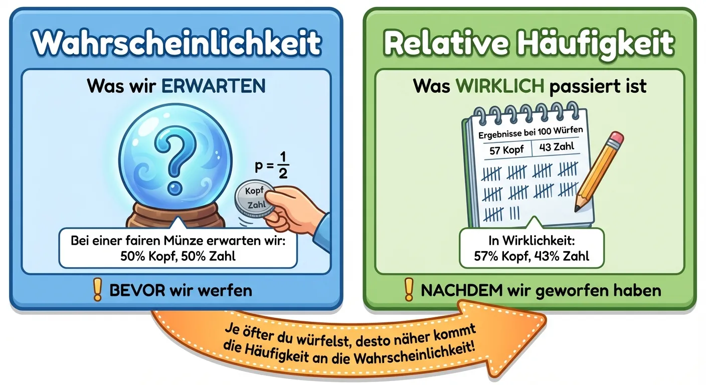 Erstelle einen klaren Vergleich zwischen Wahrscheinlichkeit und Häufigkeit.

**Aufbau:**
Zwei Bereiche nebeneinander

**Links - Wahrscheinlichkeit (blaue Box):**
- Überschrift: „Wahrscheinlichkeit“
- Untertitel: „Was wir ERWARTEN“
- Symbol: Kristallkugel oder Fragezeichen
- Beispiel: Eine Münze mit Beschriftung „p = 1/2“
- Text: „Bei einer fairen Münze erwarten wir: 50% Kopf, 50% Zahl“
- Hinweis: „BEVOR wir werfen“

**Rechts - Häufigkeit (grüne Box):**
- Überschrift: „Relative Häufigkeit“
- Untertitel: „Was WIRKLICH passiert ist“
- Symbol: Notizblock mit Ergebnissen
- Beispiel: Tabelle „57 Kopf, 43 Zahl bei 100 Würfen“
- Text: „In Wirklichkeit: 57% Kopf, 43% Zahl“
- Hinweis: „NACHDEM wir geworfen haben“

**Unten - Verbindung:**
Pfeil zwischen beiden Boxen
Text: „Je öfter du würfelst, desto näher kommt die Häufigkeit an die Wahrscheinlichkeit!“

**Gestaltung:**
- Klare visuelle Trennung
- Deutliche Farbkodierung
- Einfache Symbole
- Kinderfreundlicher Stil für 4. Klasse