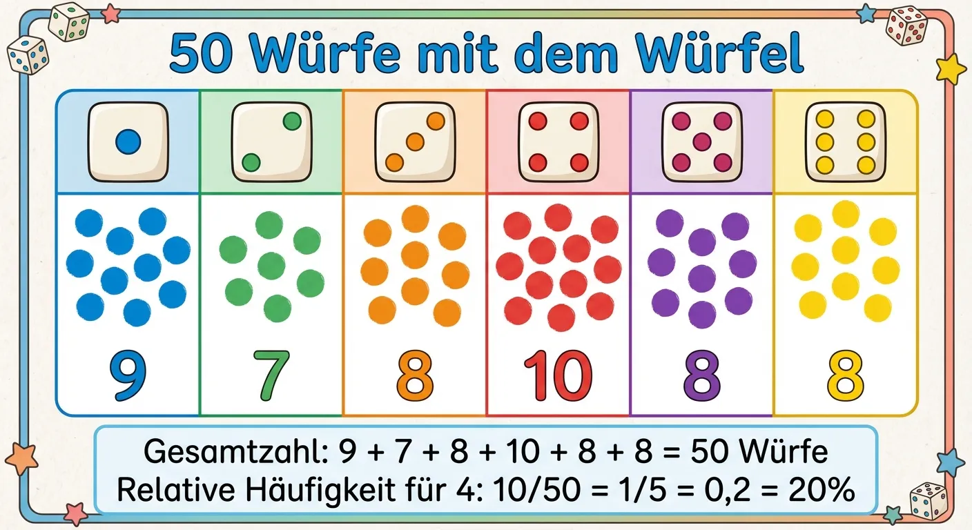 Erstelle eine übersichtliche Darstellung der Häufigkeiten bei 50 Würfelwürfen.

**Aufbau:**
Oben: Überschrift „50 Würfe mit dem Würfel“

**Mitte - Häufigkeitstabelle als visuelle Darstellung:**
Sechs Spalten für die sechs Würfelzahlen

**Für jede Zahl (1-6):**
- Oben: Würfelbild mit der entsprechenden Augenzahl
- Darunter: Farbige Punktwolke (statt Striche!)
  - Würfel 1: 9 blaue Punkte
  - Würfel 2: 7 grüne Punkte
  - Würfel 3: 8 orange Punkte
  - Würfel 4: 10 rote Punkte
  - Würfel 5: 8 lila Punkte
  - Würfel 6: 8 gelbe Punkte
- Unter jedem: Die Zahl (z.B. „9“, „7“, „8“, „10“, „8“, „8“)

**Unten eine Zusammenfassungsbox:**
„Gesamtzahl: 9 + 7 + 8 + 10 + 8 + 8 = 50 Würfe“
„Relative Häufigkeit für 4: 10/50 = 1/5 = 0,2 = 20%“

**Gestaltung:**
- Farbige Punktwolken statt Striche!
- Klare Würfelbilder
- Große, lesbare Zahlen
- Übersichtliche Tabelle
- Kinderfreundlicher Stil für 4. Klasse
