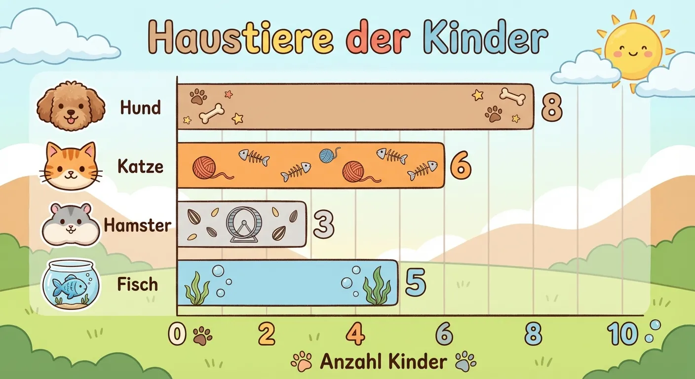 Erstelle ein kinderfreundliches Balkendiagramm zum Thema Haustiere.

**Aufbau:**
- Überschrift oben: „Haustiere der Kinder“
- Senkrechte Achse (y-Achse) links mit Beschriftungen von oben nach unten: „Hund“, „Katze“, „Hamster“, „Fisch“
- Waagerechte Achse (x-Achse) unten mit Zahlen von 0 bis 10 in Zweier-Schritten (0, 2, 4, 6, 8, 10)
- Vier waagerechte Balken von links nach rechts:
  - Balken bei „Hund“: Länge 8, hellbraun
  - Balken bei „Katze“: Länge 6, orange
  - Balken bei „Hamster“: Länge 3, hellgrau
  - Balken bei „Fisch“: Länge 5, hellblau

**Gestaltung:**
- Kleine Tier-Icons neben den Beschriftungen (Hund, Katze, Hamster, Fisch)
- Heller, freundlicher Hintergrund
- Klare, große Beschriftungen
- Die x-Achse trägt die Beschriftung „Anzahl Kinder“
- Übersichtlicher, kinderfreundlicher Illustrationsstil für 4. Klasse
