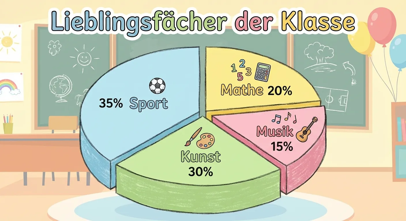 Erstelle ein buntes Kreisdiagramm zum Thema Lieblingsfächer.

**Aufbau:**
- Überschrift oben: „Lieblingsfächer der Klasse“
- Ein Kreis, aufgeteilt in vier „Tortenstücke“:
  - Größtes Stück (ca. 35%): Hellblau, beschriftet „Sport“
  - Zweitgrößtes Stück (ca. 30%): Hellgrün, beschriftet „Kunst“
  - Drittes Stück (ca. 20%): Gelb, beschriftet „Mathe“
  - Kleinstes Stück (ca. 15%): Rosa, beschriftet „Musik“

**Gestaltung:**
- Jedes Tortenstück in einer anderen Pastellfarbe
- Beschriftungen direkt in oder neben den Stücken
- Der größte Teil ist deutlich erkennbar
- Leicht 3D-Effekt wie bei einer echten Torte (optional)
- Übersichtlicher, kinderfreundlicher Illustrationsstil für 4. Klasse