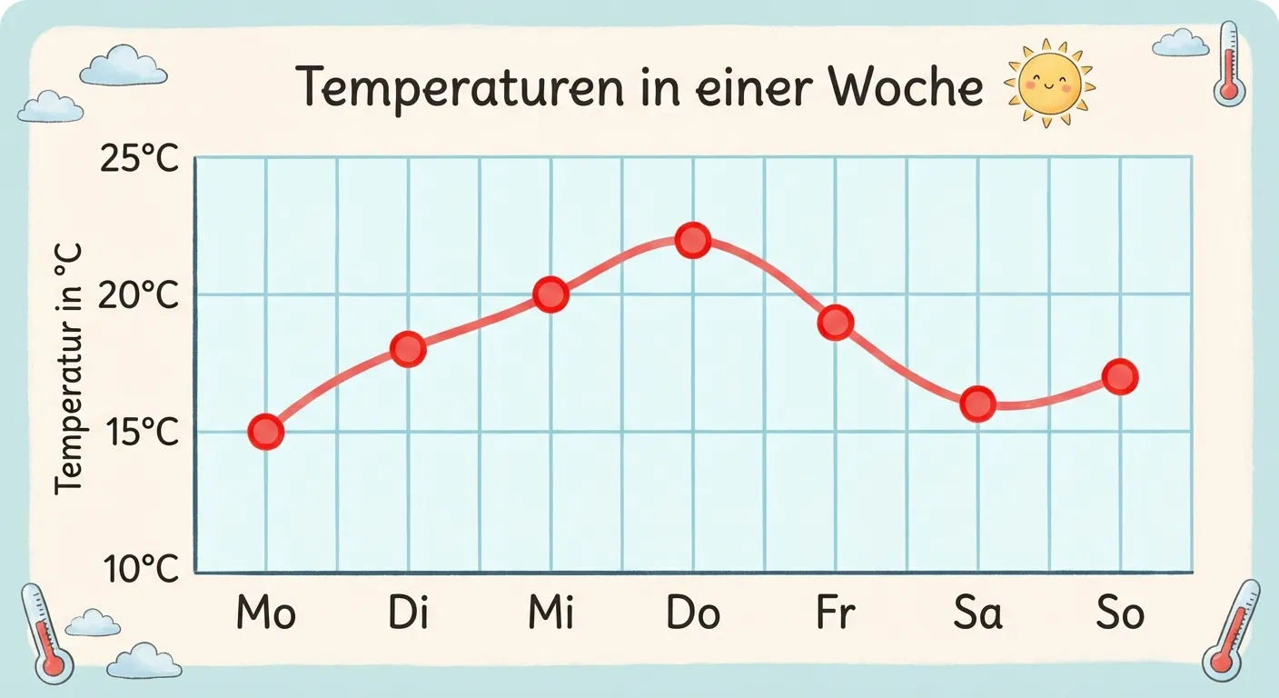 Erstelle ein übersichtliches Liniendiagramm zum Thema Wochentemperaturen.

**Aufbau:**
- Überschrift oben: „Temperaturen in einer Woche“
- Waagerechte Achse (x-Achse) unten mit Wochentagen: „Mo“, „Di“, „Mi“, „Do“, „Fr“, „Sa“, „So“
- Senkrechte Achse (y-Achse) links mit Temperaturen von 10°C bis 25°C in 5er-Schritten
- Sieben Punkte, verbunden durch eine rote Linie:
  - Montag: 15°C
  - Dienstag: 18°C
  - Mittwoch: 20°C
  - Donnerstag: 22°C
  - Freitag: 19°C
  - Samstag: 16°C
  - Sonntag: 17°C

**Gestaltung:**
- Rote Linie mit deutlichen Punkten an jedem Wochentag
- Heller Hintergrund mit leichtem Gitternetz
- Die y-Achse trägt die Beschriftung „Temperatur in °C“
- Kleine Sonne neben der Überschrift
- Übersichtlicher, kinderfreundlicher Illustrationsstil für 4. Klasse