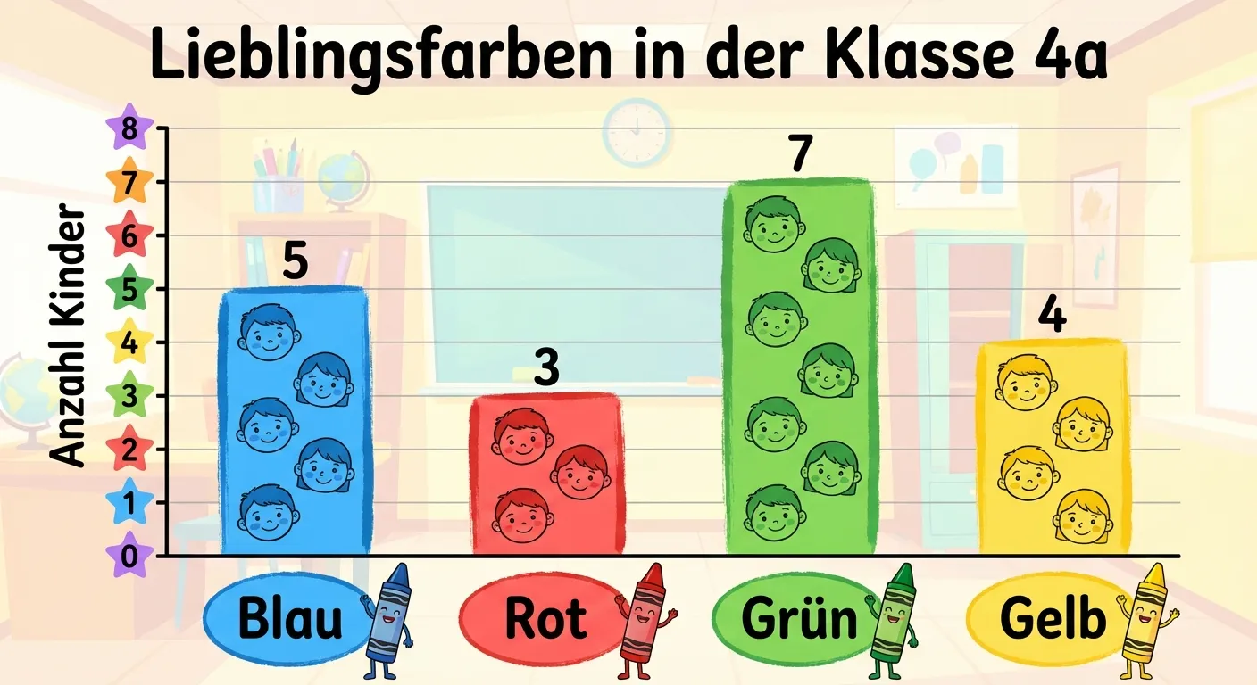 Erstelle ein kinderfreundliches Säulendiagramm zum Thema Lieblingsfarben.

**Aufbau:**
- Überschrift oben: „Lieblingsfarben in der Klasse 4a“
- Waagerechte Achse (x-Achse) unten mit Beschriftungen: „Blau“, „Rot“, „Grün“, „Gelb“
- Senkrechte Achse (y-Achse) links mit Zahlen von 0 bis 8 in Einer-Schritten
- Vier senkrechte Säulen:
  - Blaue Säule bei „Blau“: Höhe 5
  - Rote Säule bei „Rot“: Höhe 3
  - Grüne Säule bei „Grün“: Höhe 7
  - Gelbe Säule bei „Gelb“: Höhe 4

**Gestaltung:**
- Jede Säule in der passenden Farbe (blau, rot, grün, gelb)
- Heller, freundlicher Hintergrund
- Klare, große Beschriftungen
- Die y-Achse trägt die Beschriftung „Anzahl Kinder“
- Übersichtlicher, kinderfreundlicher Illustrationsstil für 4. Klasse