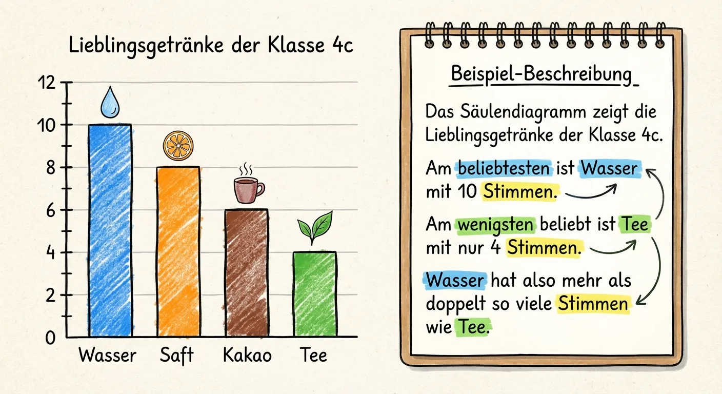 Erstelle ein Säulendiagramm mit einer daneben stehenden Muster-Beschreibung.

**Das Diagramm (links):**
- Titel: „Lieblingsgetränke der Klasse 4c“
- y-Achse: 0 bis 12 in 2er-Schritten
- x-Achse: „Wasser“, „Saft“, „Kakao“, „Tee“
- Vier bunte Säulen: Wasser=10, Saft=8, Kakao=6, Tee=4

**Die Beschreibung (rechts, in einem Notizblock-Stil):**
- Überschrift: „Beispiel-Beschreibung“
- Text: „Das Säulendiagramm zeigt die Lieblingsgetränke der Klasse 4c. Am beliebtesten ist Wasser mit 10 Stimmen. Am wenigsten beliebt ist Tee mit nur 4 Stimmen. Wasser hat also mehr als doppelt so viele Stimmen wie Tee.“

**Gestaltung:**
- Diagramm und Beschreibung nebeneinander
- Die Beschreibung in einer Sprechblase oder auf einem Notizblock
- Farbige Hervorhebungen der Schlüsselwörter
- Übersichtlicher, lehrreicher Illustrationsstil für 4. Klasse