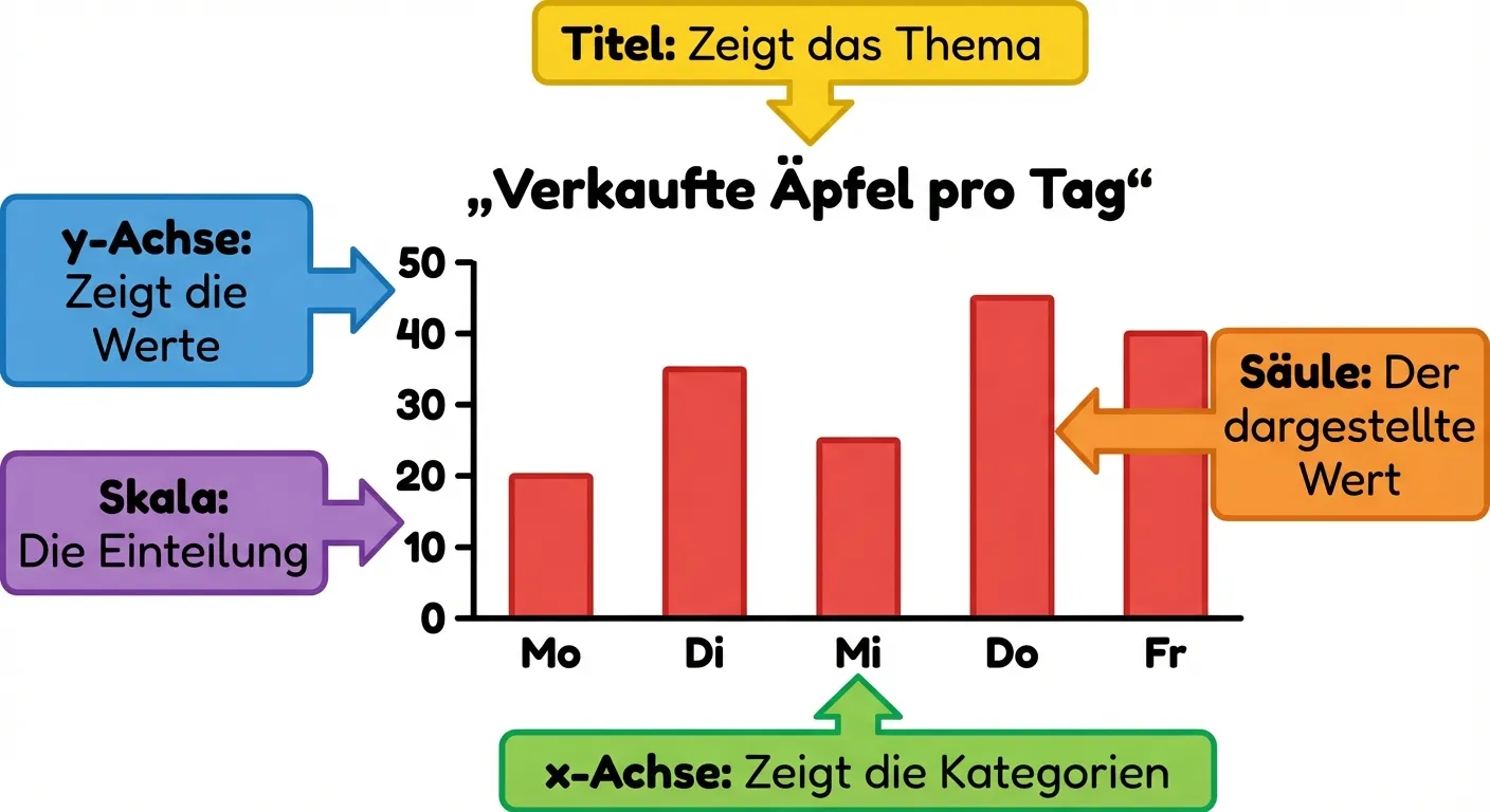 Erstelle ein Säulendiagramm mit deutlich markierten und beschrifteten Bestandteilen.

**Das Diagramm selbst:**
- Überschrift oben: „Verkaufte Äpfel pro Tag“
- Waagerechte Achse (x-Achse) unten mit: „Mo“, „Di“, „Mi“, „Do“, „Fr“
- Senkrechte Achse (y-Achse) links mit Zahlen: 0, 10, 20, 30, 40, 50
- Fünf rote Säulen mit Höhen: Mo=20, Di=35, Mi=25, Do=45, Fr=40

**Beschriftungspfeile mit Erklärungen (in bunten Kästen):**
1. Pfeil zur Überschrift → Gelber Kasten: „Titel: Zeigt das Thema“
2. Pfeil zur y-Achse → Blauer Kasten: „y-Achse: Zeigt die Werte“
3. Pfeil zur x-Achse → Grüner Kasten: „x-Achse: Zeigt die Kategorien“
4. Pfeil zu einer Säule → Oranger Kasten: „Säule: Der dargestellte Wert“
5. Pfeil zu den Zahlen an der y-Achse → Lila Kasten: „Skala: Die Einteilung“

**Gestaltung:**
- Klare Pfeile von den Beschriftungskästen zu den Elementen
- Farbige Kästen mit gut lesbarer Schrift
- Übersichtlicher, lehrreicher Illustrationsstil für 4. Klasse