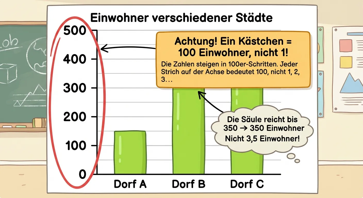 Erstelle ein Säulendiagramm, das zeigt, wie man bei großen Skalen aufpassen muss.

**Das Diagramm:**
- Titel: „Einwohner verschiedener Städte“
- y-Achse mit 100er-Schritten: 0, 100, 200, 300, 400, 500
- x-Achse: „Dorf A“, „Dorf B“, „Dorf C“
- Drei grüne Säulen: Dorf A=150, Dorf B=350, Dorf C=400

**Markierung/Hinweis:**
- Roter Kreis um die y-Achsen-Zahlen
- Textbox: „Achtung! Ein Kästchen = 100 Einwohner, nicht 1!“
- Beispielrechnung neben Dorf B: „Die Säule reicht bis 350 → 350 Einwohner“

**Gestaltung:**
- Deutliche Hervorhebung der Skala
- Klare Erklärung in der Textbox
- Übersichtlicher, lehrreicher Illustrationsstil für 4. Klasse