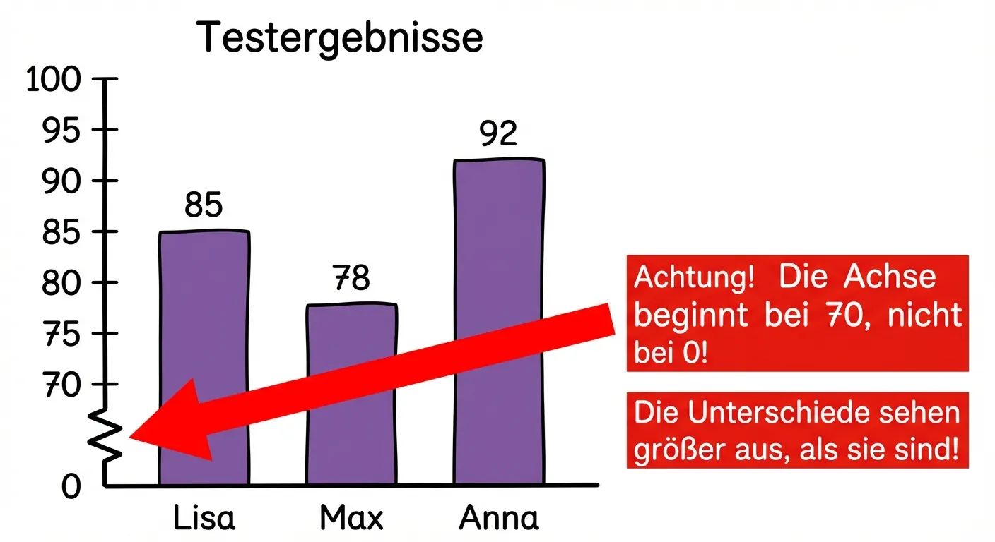 Erstelle ein Säulendiagramm, das nicht bei 0 beginnt, mit Warnhinweis.

**Das Diagramm:**
- Titel: „Testergebnisse“
- y-Achse beginnt bei 70 und geht bis 100 in 5er-Schritten: 70, 75, 80, 85, 90, 95, 100
- x-Achse: „Lisa“, „Max“, „Anna“
- Drei lila Säulen: Lisa=85, Max=78, Anna=92
- Die y-Achse hat einen Wellenlinien-Bruch bei 70, um zu zeigen, dass sie nicht bei 0 beginnt

**Warnhinweis:**
- Roter Pfeil zeigt auf den Achsenbruch
- Textbox: „Achtung! Die Achse beginnt bei 70, nicht bei 0!“
- Zweite Textbox: „Die Unterschiede sehen größer aus, als sie sind!“

**Gestaltung:**
- Deutlicher Achsenbruch (Wellenlinien)
- Klare Warnhinweise
- Übersichtlicher, lehrreicher Illustrationsstil für 4. Klasse