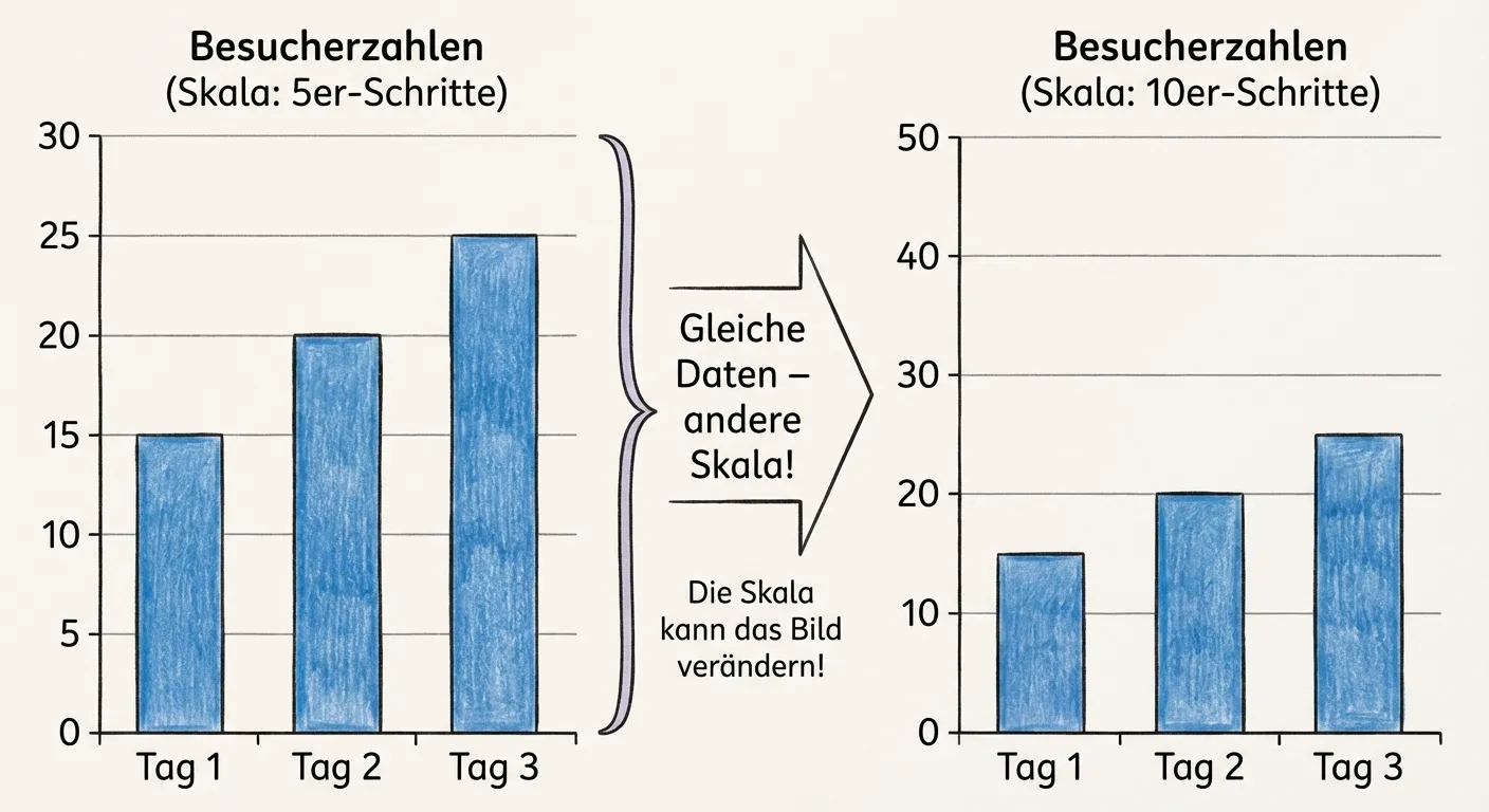 Erstelle zwei Säulendiagramme nebeneinander, die zeigen, wie unterschiedliche Skalen das Aussehen verändern.

**Linkes Diagramm:**
- Titel: „Besucherzahlen (Skala: 5er-Schritte)“
- y-Achse: 0, 5, 10, 15, 20, 25, 30
- x-Achse: „Tag 1“, „Tag 2“, „Tag 3“
- Drei blaue Säulen: Tag 1=15, Tag 2=20, Tag 3=25
- Die Unterschiede zwischen den Säulen sehen groß aus

**Rechtes Diagramm (gleiche Daten!):**
- Titel: „Besucherzahlen (Skala: 10er-Schritte)“
- y-Achse: 0, 10, 20, 30, 40, 50
- x-Achse: „Tag 1“, „Tag 2“, „Tag 3“
- Drei blaue Säulen: Tag 1=15, Tag 2=20, Tag 3=25
- Die Unterschiede zwischen den Säulen sehen kleiner aus

**Verbindung:**
- Ein Pfeil oder eine Klammer zwischen beiden mit Text: „Gleiche Daten – andere Skala!“

**Gestaltung:**
- Beide Diagramme gleich groß
- Deutlich lesbare Achsenbeschriftungen
- Übersichtlicher, lehrreicher Illustrationsstil für 4. Klasse