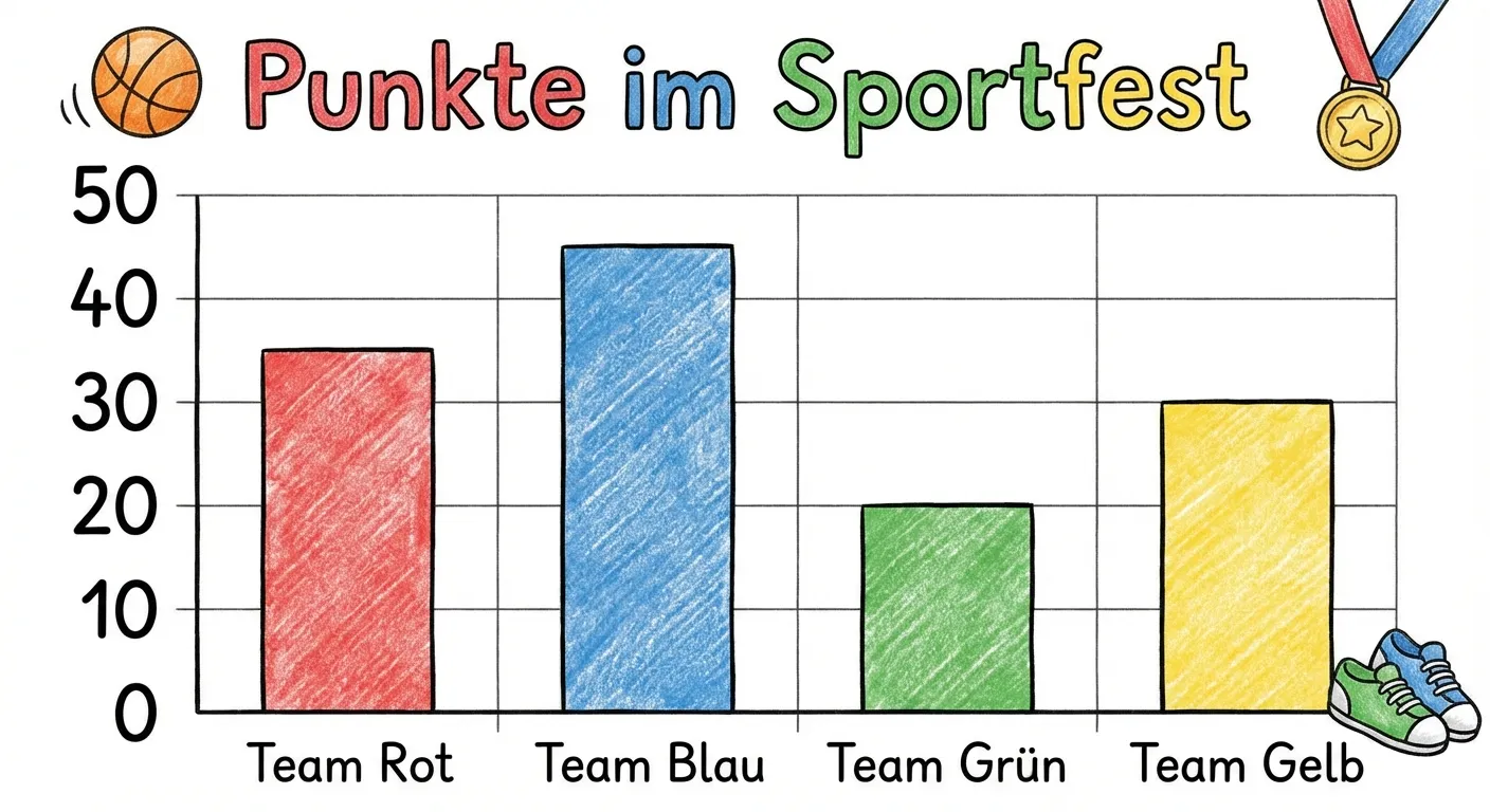 Erstelle ein Säulendiagramm zum Üben des Ablesens.

**Das Diagramm:**
- Titel: „Punkte im Sportfest“
- y-Achse: 0 bis 50 in 10er-Schritten (0, 10, 20, 30, 40, 50)
- x-Achse: „Team Rot“, „Team Blau“, „Team Grün“, „Team Gelb“
- Vier Säulen in den passenden Farben:
  - Team Rot: 35 Punkte
  - Team Blau: 45 Punkte
  - Team Grün: 20 Punkte
  - Team Gelb: 30 Punkte

**Gestaltung:**
- Klare, gut ablesbare Skala
- Deutliche Säulen mit Abstand
- Übersichtlicher, kinderfreundlicher Illustrationsstil für 4. Klasse