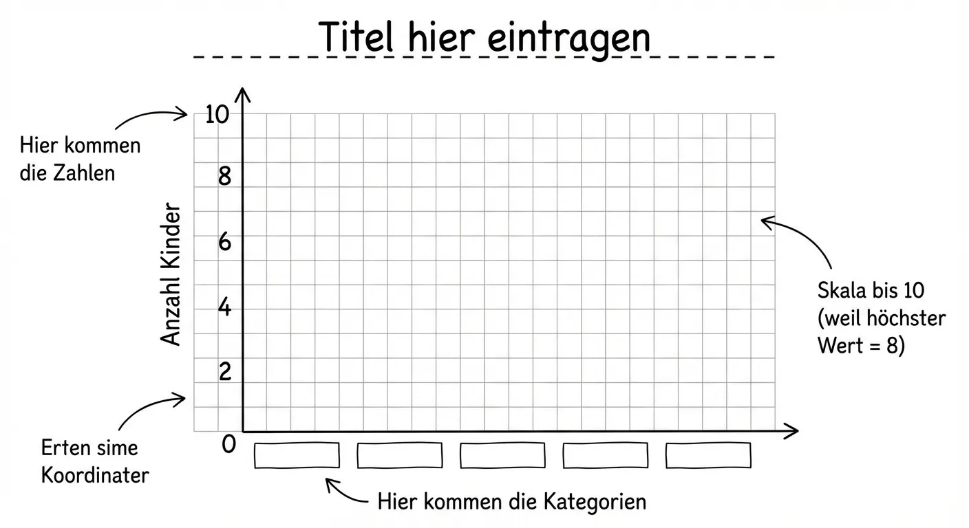 Erstelle ein leeres, vorbereitetes Koordinatensystem für ein Säulendiagramm.

**Das Koordinatensystem:**
- Überschrift (als Platzhalter mit gestrichelter Linie): „Titel hier eintragen“
- y-Achse links mit Zahlen 0, 2, 4, 6, 8, 10 und Beschriftung „Anzahl Kinder“
- x-Achse unten mit Platzhaltern (leere Kästchen) für 5 Kategorien
- Ein leichtes Gitternetz im Hintergrund
- Kleine Pfeile an den Achsenenden

**Beschriftungen/Hinweise:**
- Pfeil zur y-Achse: „Hier kommen die Zahlen“
- Pfeil zur x-Achse: „Hier kommen die Kategorien“
- Pfeil zur Skala: „Skala bis 10 (weil höchster Wert = 8)“

**Gestaltung:**
- Saubere, gerade Linien
- Deutliche Beschriftungen
- Hilfskästchen für die Orientierung
- Übersichtlicher, lehrreicher Illustrationsstil für 4. Klasse