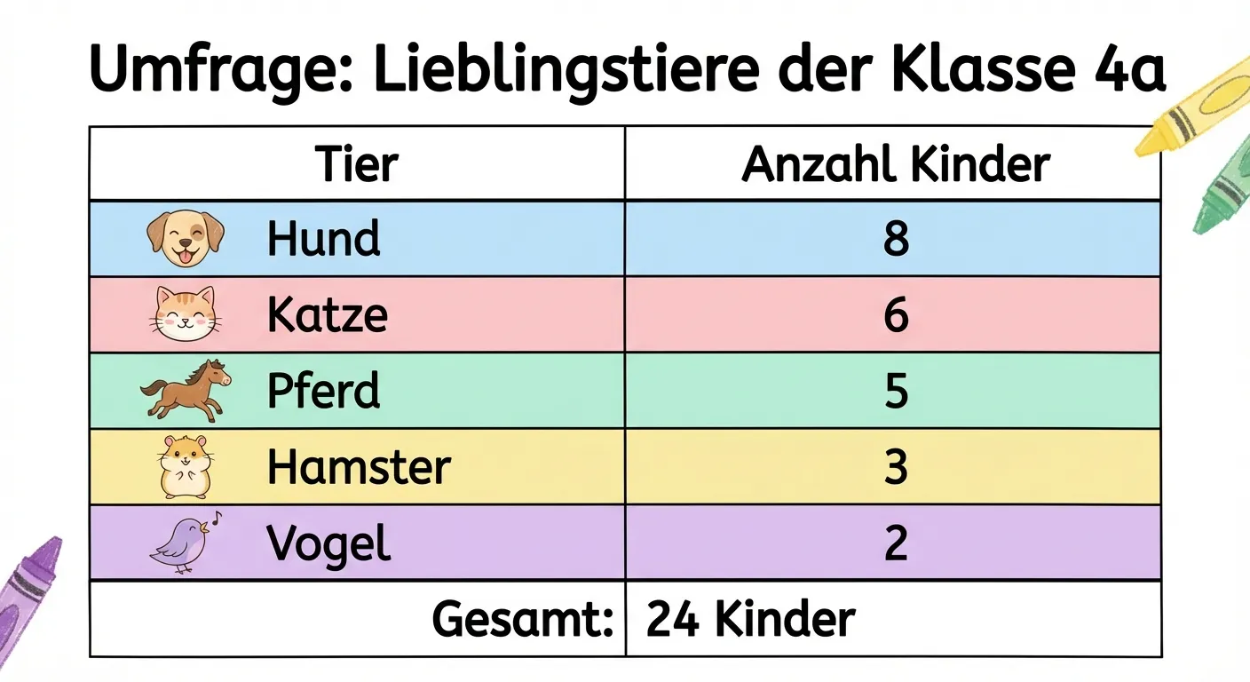 Erstelle eine übersichtliche Darstellung von gesammelten Umfragedaten.

**Die Darstellung:**
- Überschrift: „Umfrage: Lieblingstiere der Klasse 4a“
- Eine Tabelle mit zwei Spalten:
  - Spalte 1 (Kopf): „Tier“ – Einträge: Hund, Katze, Pferd, Hamster, Vogel
  - Spalte 2 (Kopf): „Anzahl Kinder“ – Einträge: 8, 6, 5, 3, 2
- Kleine Tier-Icons neben jedem Tiernamen
- Summenzeile unten: „Gesamt: 24 Kinder“

**Gestaltung:**
- Saubere, übersichtliche Tabelle
- Jede Zeile in leicht unterschiedlicher Pastellfarbe
- Große, klare Schrift
- Übersichtlicher, kinderfreundlicher Illustrationsstil für 4. Klasse