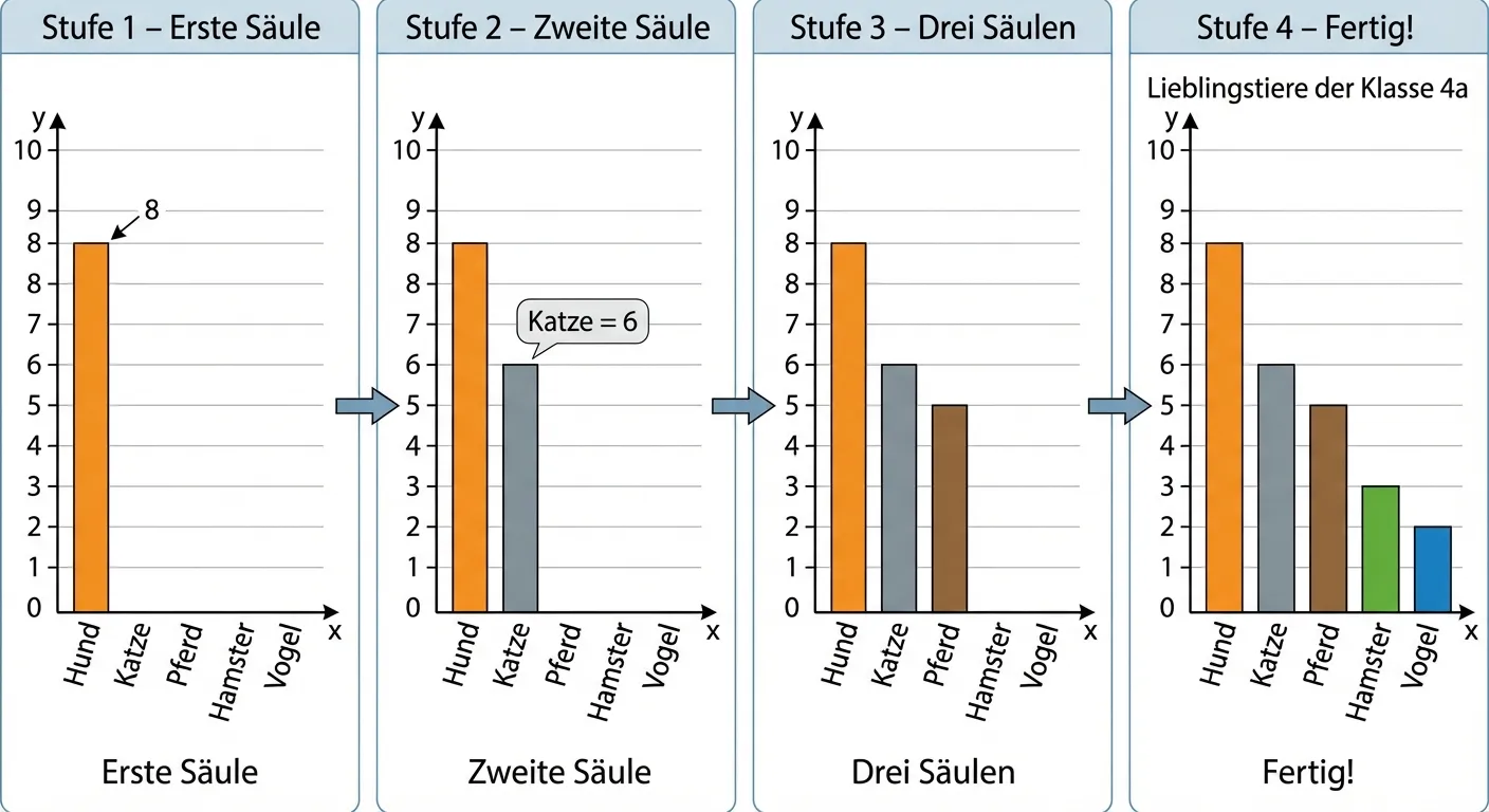 Erstelle eine Darstellung, die zeigt, wie ein Säulendiagramm Stück für Stück entsteht.

**Die Darstellung in 4 Stufen (nebeneinander oder untereinander):**

**Stufe 1 – „Erste Säule“:**
- Koordinatensystem mit y-Achse 0-10, x-Achse mit „Hund, Katze, Pferd, Hamster, Vogel“
- Nur eine orange Säule bei „Hund“ mit Höhe 8
- Kleiner Pfeil zeigt auf die 8 auf der y-Achse

**Stufe 2 – „Zweite Säule“:**
- Gleiches Koordinatensystem
- Orange Säule bei „Hund“ (8) + graue Säule bei „Katze“ (6)
- Beschriftung: „Katze = 6“

**Stufe 3 – „Drei Säulen“:**
- Orange (Hund, 8), grau (Katze, 6), braun (Pferd, 5)

**Stufe 4 – „Fertig!“:**
- Alle 5 Säulen: Hund (8), Katze (6), Pferd (5), Hamster (3), Vogel (2)
- Titel: „Lieblingstiere der Klasse 4a“
- Jede Säule in einer anderen Farbe

**Gestaltung:**
- Nummerierte Stufen (1, 2, 3, 4) oder Pfeile zwischen den Schritten
- Der Fortschritt ist klar erkennbar
- Übersichtlicher, lehrreicher Illustrationsstil für 4. Klasse
