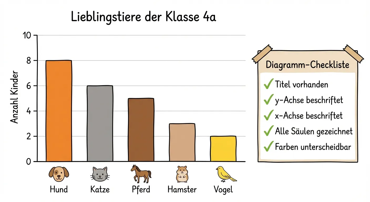 Erstelle ein perfekt beschriftetes, fertiges Säulendiagramm als Musterbeispiel.

**Das fertige Diagramm:**
- Titel oben: „Lieblingstiere der Klasse 4a“
- y-Achse: 0-10 in 2er-Schritten, Beschriftung „Anzahl Kinder“
- x-Achse: „Hund“, „Katze“, „Pferd“, „Hamster“, „Vogel“
- Fünf bunte Säulen:
  - Hund: 8 (orange)
  - Katze: 6 (grau)
  - Pferd: 5 (braun)
  - Hamster: 3 (hellbraun)
  - Vogel: 2 (gelb)
- Kleine Tier-Icons unter den Beschriftungen (optional)

**Checklisten-Box daneben:**
- ✓ Titel vorhanden
- ✓ y-Achse beschriftet
- ✓ x-Achse beschriftet
- ✓ Alle Säulen gezeichnet
- ✓ Farben unterscheidbar

**Gestaltung:**
- Professionell aussehendes Diagramm
- Klare Farben und Beschriftungen
- Checkliste in einer Box mit Häkchen
- Übersichtlicher, kinderfreundlicher Illustrationsstil für 4. Klasse