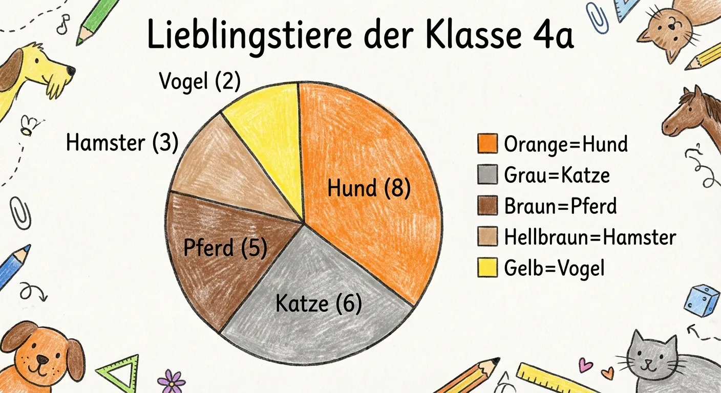 Erstelle ein Kreisdiagramm zu den Lieblingstieren der Klasse.

**Das Kreisdiagramm:**
- Titel: „Lieblingstiere der Klasse 4a“
- Ein Kreis, aufgeteilt in 5 Stücke (ungefähre Größen):
  - Hund: 8 von 24 = ca. 33% (größtes Stück, orange)
  - Katze: 6 von 24 = ca. 25% (zweitgrößtes, grau)
  - Pferd: 5 von 24 = ca. 21% (mittel, braun)
  - Hamster: 3 von 24 = ca. 13% (klein, hellbraun)
  - Vogel: 2 von 24 = ca. 8% (kleinstes Stück, gelb)

**Beschriftungen:**
- Jedes Stück ist mit dem Tiernamen und der Anzahl beschriftet
- Beispiel: „Hund (8)“ direkt im oder neben dem Stück

**Legende daneben:**
- Farbige Kästchen mit Tiernamen: Orange=Hund, Grau=Katze, Braun=Pferd, Hellbraun=Hamster, Gelb=Vogel

**Gestaltung:**
- Klare Farbunterscheidung
- Gut lesbare Beschriftungen
- Übersichtlicher, kinderfreundlicher Illustrationsstil für 4. Klasse