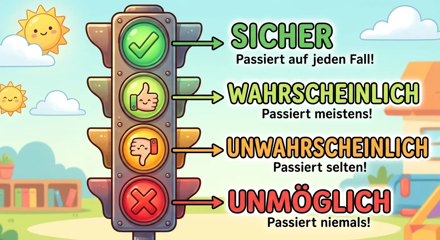Erstelle eine bunte Infografik für Grundschüler, die die vier Wahrscheinlichkeitsstufen als vertikale Ampel zeigt.

**Aufbau:**
Eine vertikale Ampel mit vier großen Lichtern übereinander, von oben nach unten:

**Licht 1 (ganz oben, leuchtend grün):**
- Text rechts daneben: „SICHER“
- Symbol in der Mitte: Großes Häkchen ✓
- Kleine Beschreibung: „Passiert auf jeden Fall!“

**Licht 2 (hellgrün/gelbgrün):**
- Text rechts daneben: „WAHRSCHEINLICH“
- Symbol in der Mitte: Daumen hoch
- Kleine Beschreibung: „Passiert meistens!“

**Licht 3 (orange/gelb):**
- Text rechts daneben: „UNWAHRSCHEINLICH“
- Symbol in der Mitte: Daumen runter
- Kleine Beschreibung: „Passiert selten!“

**Licht 4 (ganz unten, rot):**
- Text rechts daneben: „UNMÖGLICH“
- Symbol in der Mitte: Großes X
- Kleine Beschreibung: „Passiert niemals!“

**Gestaltung:**
- Große, klare Ampel in der Mitte
- Freundlicher Cartoon-Stil für 4. Klasse
- Jedes Licht deutlich leuchtend in seiner Farbe
- Text groß und gut lesbar
- Heller Hintergrund