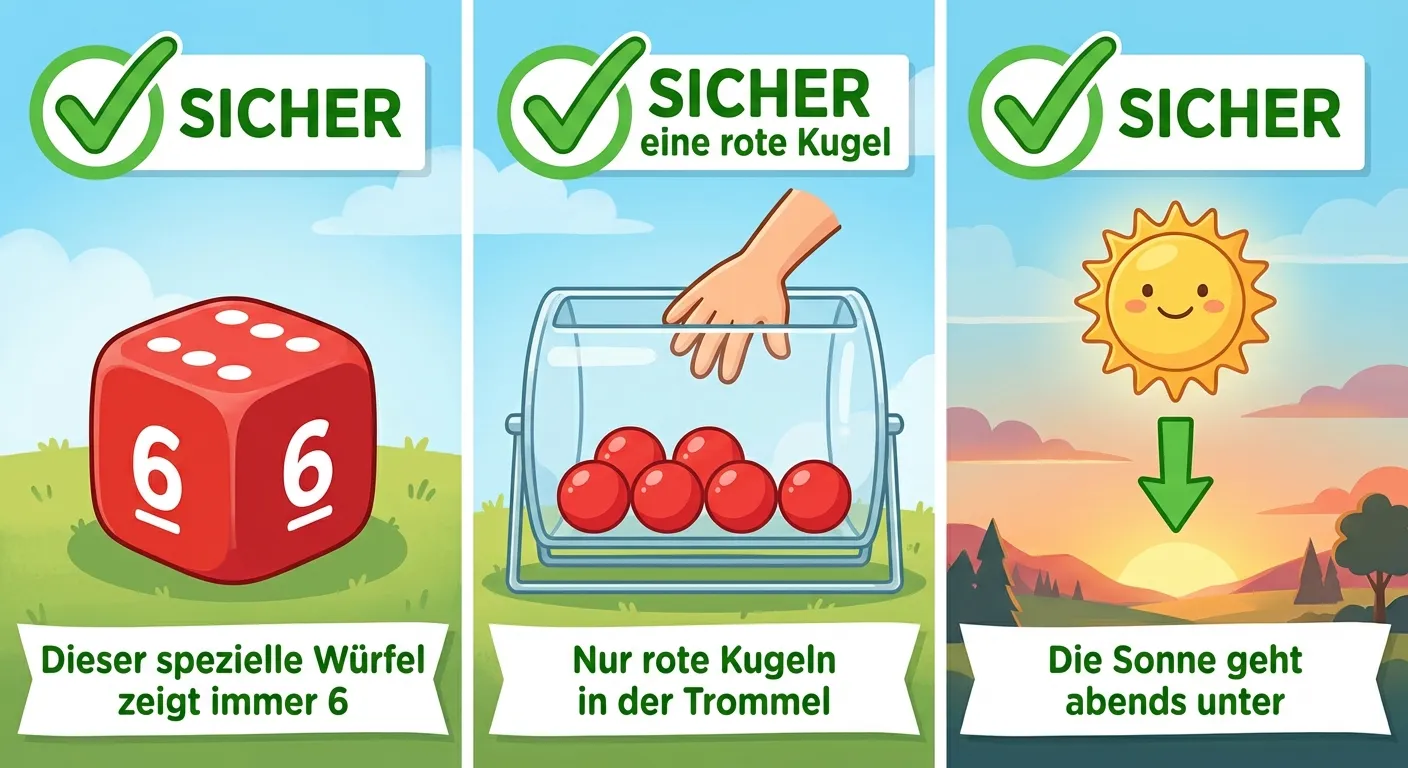 Erstelle eine Illustration mit drei Beispielen für sichere Ereignisse.

**Aufbau:** Drei Bilder nebeneinander, jedes mit grünem Häkchen

**Bild 1:**
Ein Würfel mit nur Sechsen auf allen sichtbaren Seiten
Beschriftung: „Dieser spezielle Würfel zeigt immer 6“
Grünes Häkchen und „SICHER“

**Bild 2:**
Eine Lostrommel mit nur roten Kugeln (5 rote Kugeln sichtbar)
Eine Hand greift hinein
Beschriftung: „Nur rote Kugeln in der Trommel“
Grünes Häkchen und „SICHER eine rote Kugel“

**Bild 3:**
Die Sonne am Himmel mit Pfeil nach unten zum Horizont
Beschriftung: „Die Sonne geht abends unter“
Grünes Häkchen und „SICHER“

**Gestaltung:**
- Klare, einfache Illustrationen
- Grüne Häkchen bei jedem Beispiel
- Kinderfreundlicher Cartoon-Stil
- Heller, freundlicher Hintergrund