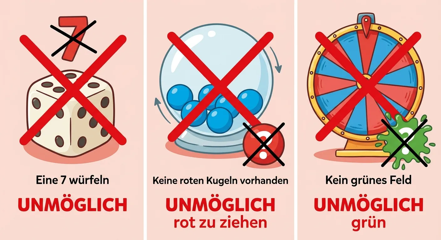 Erstelle eine Illustration mit drei Beispielen für unmögliche Ereignisse.

**Aufbau:** Drei Bilder nebeneinander, jedes mit rotem X

**Bild 1:**
Ein normaler Würfel (Zahlen 1-6 sichtbar)
Darüber durchgestrichen die Zahl 7
Beschriftung: „Eine 7 würfeln“
Rotes X und „UNMÖGLICH“

**Bild 2:**
Eine durchsichtige Lostrommel mit nur blauen Kugeln (5 blaue Kugeln)
Eine rote Kugel mit Fragezeichen daneben, durchgestrichen
Beschriftung: „Keine roten Kugeln vorhanden“
Rotes X und „UNMÖGLICH rot zu ziehen“

**Bild 3:**
Ein Glücksrad mit nur roten und blauen Feldern
Eine grüne Farbe mit Fragezeichen, durchgestrichen
Beschriftung: „Kein grünes Feld“
Rotes X und „UNMÖGLICH grün“

**Gestaltung:**
- Klare Darstellung, warum etwas nicht möglich ist
- Rote X-Symbole deutlich sichtbar
- Kinderfreundlicher Cartoon-Stil
- Heller Hintergrund mit leichtem Rotton