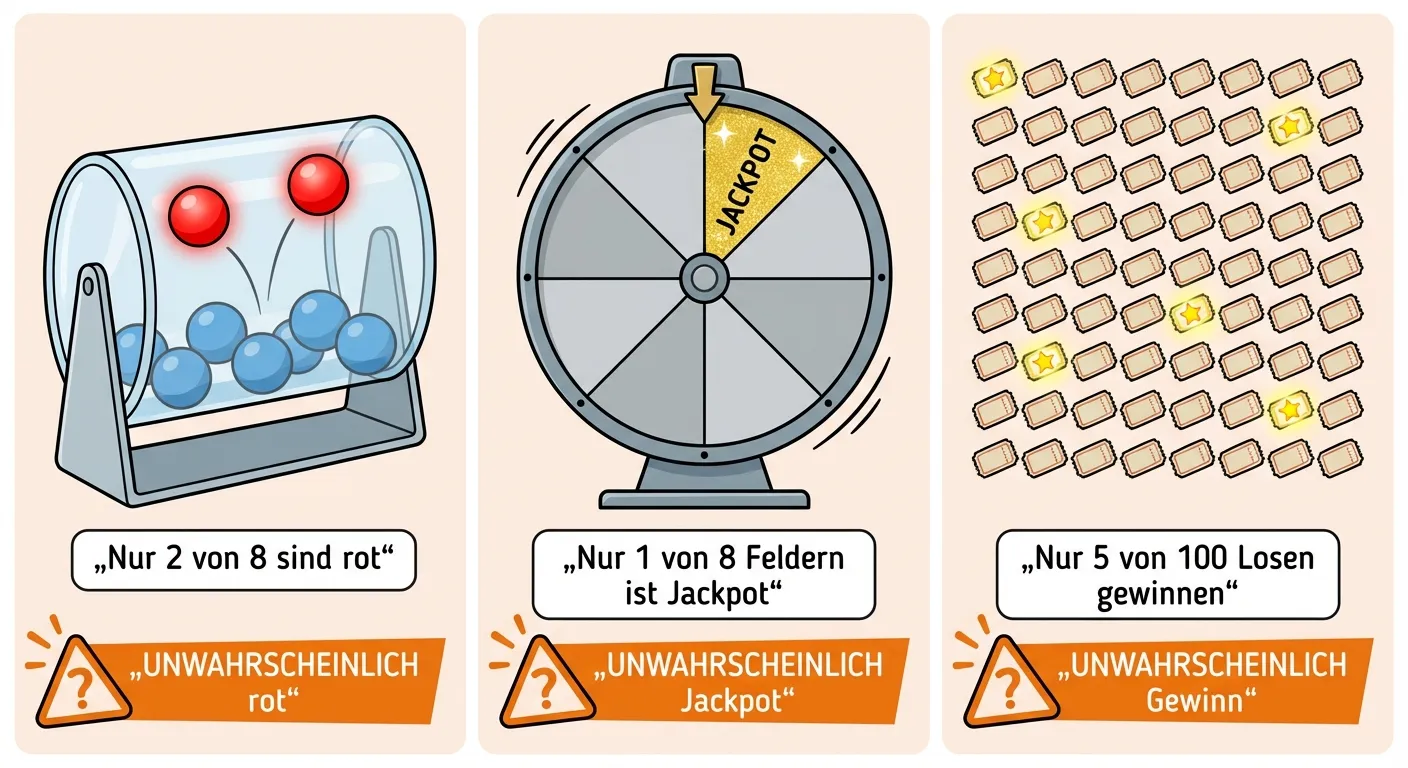 Erstelle eine Illustration mit drei Beispielen für unwahrscheinliche Ereignisse.

**Aufbau:** Drei Bilder nebeneinander, jedes mit orangem Symbol

**Bild 1:**
Eine durchsichtige Lostrommel mit 8 Kugeln: 2 rote und 6 blaue
Beschriftung: „Nur 2 von 8 sind rot“
Oranges Symbol und „UNWAHRSCHEINLICH rot“

**Bild 2:**
Ein Glücksrad mit 8 Feldern, davon 1 gold (Jackpot) und 7 grau
Beschriftung: „Nur 1 von 8 Feldern ist Jackpot“
Oranges Symbol und „UNWAHRSCHEINLICH Jackpot“

**Bild 3:**
100 Lose dargestellt als Raster, davon nur 5 mit Stern markiert
Beschriftung: „Nur 5 von 100 Losen gewinnen“
Oranges Symbol und „UNWAHRSCHEINLICH Gewinn“

**Gestaltung:**
- Klare Darstellung der kleinen Menge im Vergleich zur großen
- Die kleinere Gruppe hervorgehoben
- Kinderfreundlicher Cartoon-Stil
- Heller Hintergrund