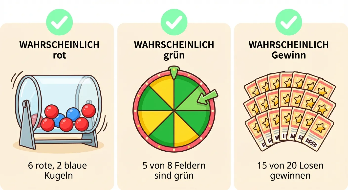 Erstelle eine Illustration mit drei Beispielen für wahrscheinliche Ereignisse.

**Aufbau:** Drei Bilder nebeneinander, jedes mit hellgrünem Symbol

**Bild 1:**
Eine durchsichtige Lostrommel mit 8 Kugeln: 6 rote und 2 blaue
Beschriftung: „6 rote, 2 blaue Kugeln“
Hellgrünes Symbol und „WAHRSCHEINLICH rot“

**Bild 2:**
Ein Glücksrad mit 8 Feldern, davon 5 grün und 3 gelb
Ein Pfeil zeigt auf das Rad
Beschriftung: „5 von 8 Feldern sind grün“
Hellgrünes Symbol und „WAHRSCHEINLICH grün“

**Bild 3:**
20 Lose fächerartig, davon 15 mit Stern (Gewinn) markiert
Beschriftung: „15 von 20 Losen gewinnen“
Hellgrünes Symbol und „WAHRSCHEINLICH Gewinn“

**Gestaltung:**
- Klare Darstellung der Mengenverhältnisse
- Die größere Gruppe deutlich hervorgehoben
- Kinderfreundlicher Cartoon-Stil
- Heller Hintergrund