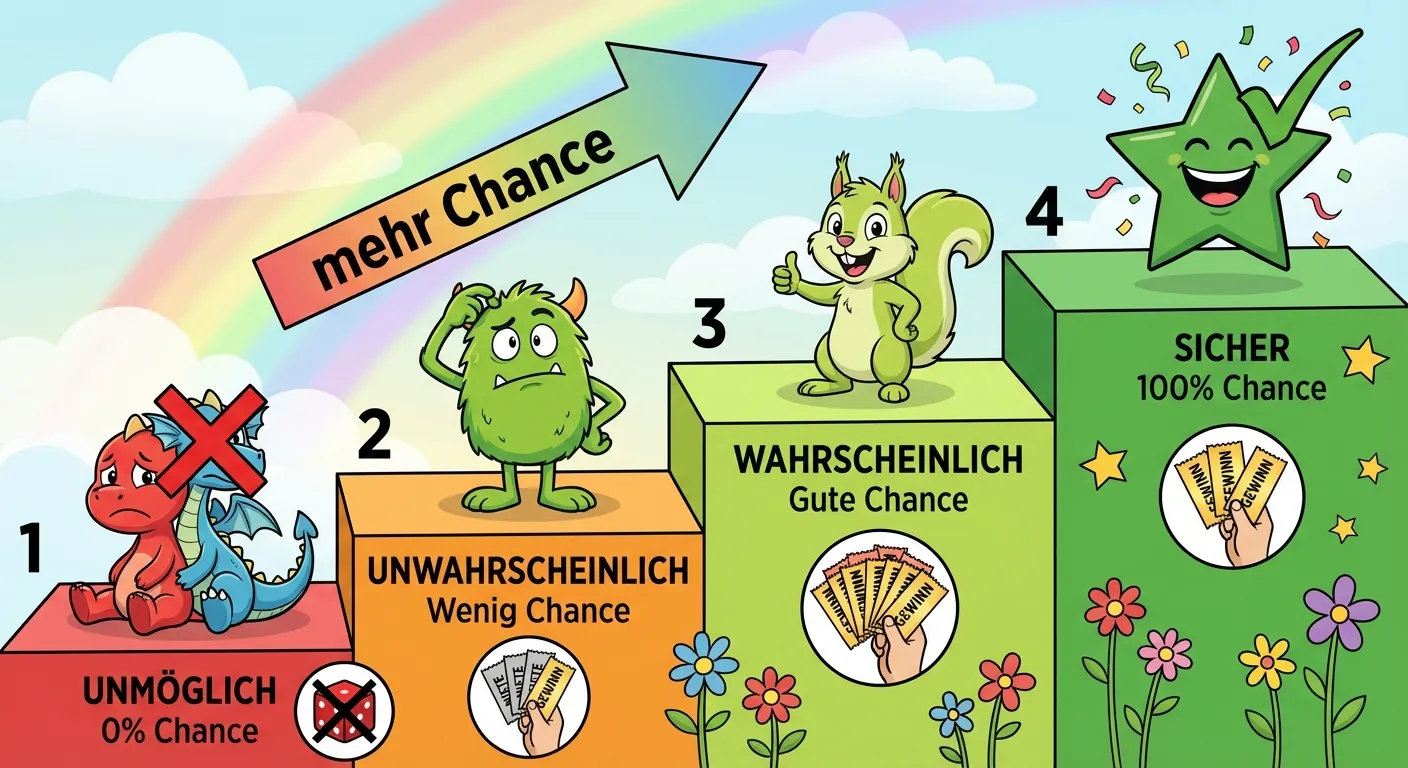 Erstelle eine bunte Treppenillustration, die die vier Wahrscheinlichkeitsstufen zeigt.

**Aufbau:**
Eine Treppe mit vier Stufen, die von links unten nach rechts oben führt. Auf jeder Stufe steht eine Figur (Kind oder Maskottchen).

**Stufe 1 (ganz unten links, rot):**
- Beschriftung: „UNMÖGLICH“
- Eine traurige Figur mit X über dem Kopf
- Text: „0% Chance“
- Beispiel-Icon: Durchgestrichene 7 auf Würfel

**Stufe 2 (orange):**
- Beschriftung: „UNWAHRSCHEINLICH“
- Eine zweifelnde Figur
- Text: „Wenig Chance“
- Beispiel-Icon: Wenige Gewinn-Lose

**Stufe 3 (hellgrün):**
- Beschriftung: „WAHRSCHEINLICH“
- Eine hoffnungsvolle Figur mit Daumen hoch
- Text: „Gute Chance“
- Beispiel-Icon: Viele Gewinn-Lose

**Stufe 4 (ganz oben rechts, dunkelgrün):**
- Beschriftung: „SICHER“
- Eine jubelnde Figur mit Häkchen
- Text: „100% Chance“
- Beispiel-Icon: Nur Gewinn-Lose

**Gestaltung:**
- Bunte, einladende Treppe
- Klare Farbcodierung (rot → orange → hellgrün → dunkelgrün)
- Ein Pfeil zeigt den Weg nach oben „mehr Chance“
- Kinderfreundlicher Cartoon-Stil für 4. Klasse
- Heller Hintergrund