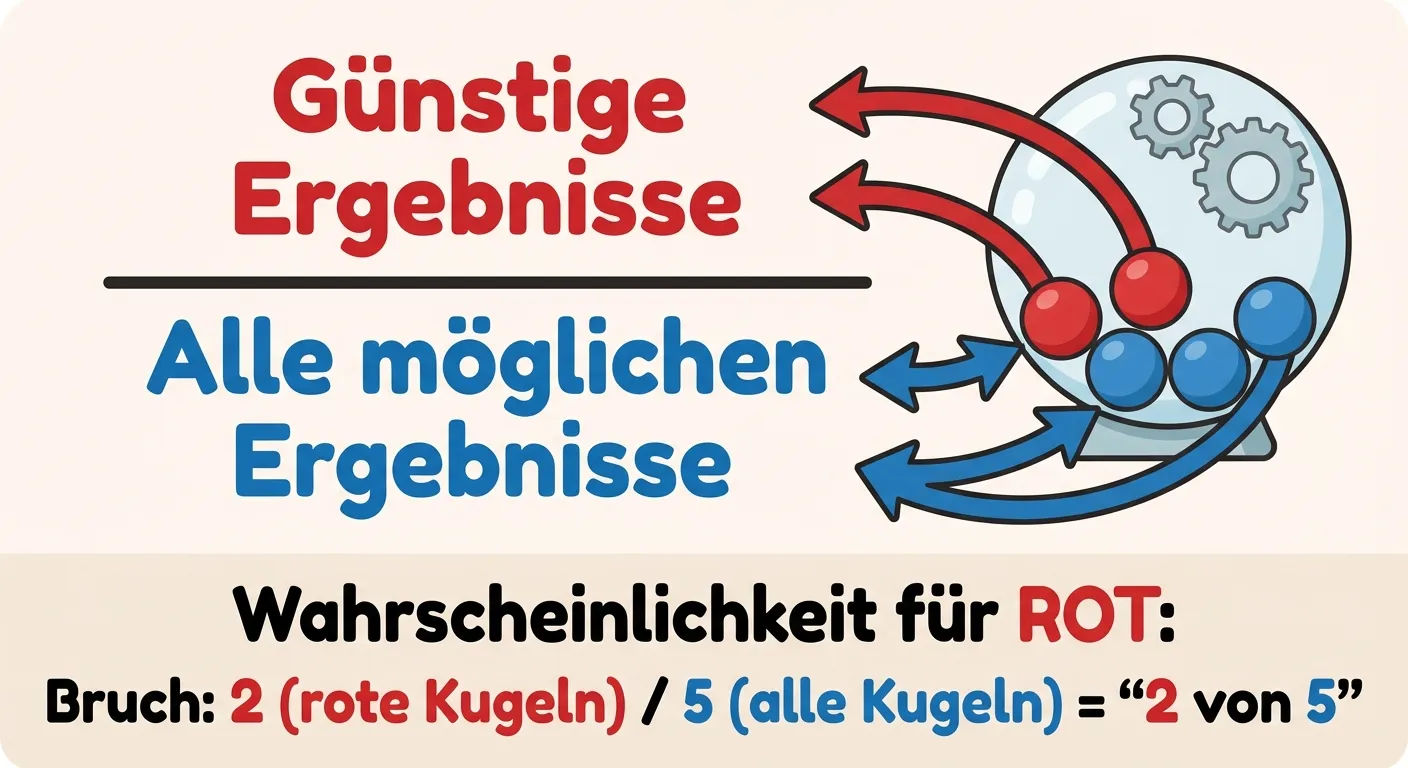Erstelle eine übersichtliche Infografik, die erklärt, wie man Wahrscheinlichkeiten als Bruch schreibt.

**Aufbau:**
Ein großes Bruchbild in der Mitte mit Erklärungen

**Der Bruch:**
Oben (Zähler): „Günstige Ergebnisse“
Strich in der Mitte
Unten (Nenner): „Alle möglichen Ergebnisse“

**Daneben ein Beispiel:**
Eine durchsichtige Kugeltrommel mit 5 Kugeln: 2 rote und 3 blaue

**Berechnung:**
„Wahrscheinlichkeit für ROT:“
Bruch: 2 (rote Kugeln) / 5 (alle Kugeln)
= „2 von 5“

**Farbcodierung:**
- Zähler in roter Farbe (wie die roten Kugeln)
- Nenner in blauer Farbe (alle Kugeln zusammen)
- Klare Beschriftungen

**Gestaltung:**
- Große, klare Darstellung
- Kinderfreundlicher Cartoon-Stil
- Pfeile zeigen von den Kugeln zum Bruch
- Heller Hintergrund