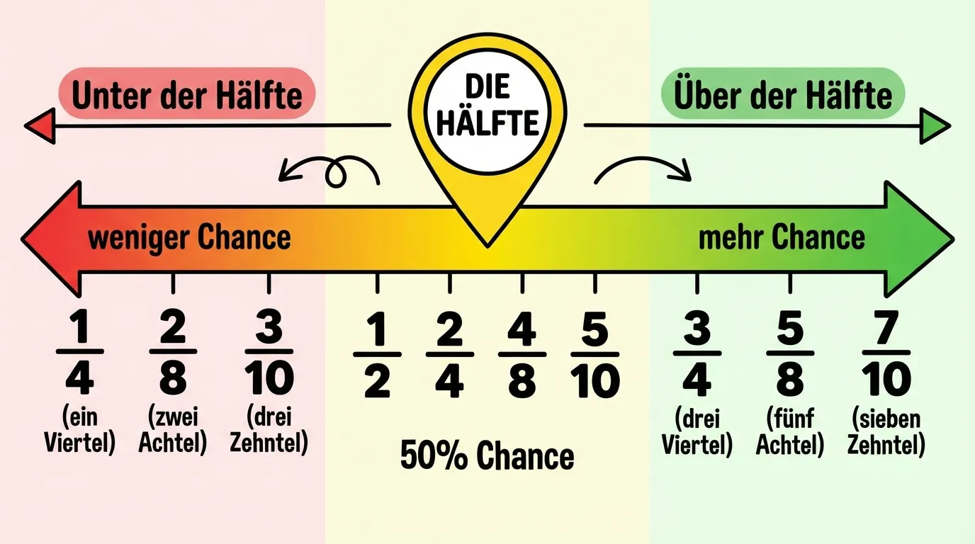 Erstelle eine horizontale Skala mit der Hälfte als zentralem Bezugspunkt.

**Aufbau:**
Eine horizontale Skala von links nach rechts

**Links (rot):**
- Beschriftung: „Unter der Hälfte“
- Text: „weniger Chance“
- Beispiele darunter:
  - 1/4 (ein Viertel)
  - 2/8 (zwei Achtel)
  - 3/10 (drei Zehntel)

**Mitte (gelb):**
- Große Markierung: „DIE HÄLFTE“
- Beispiele:
  - 1/2
  - 2/4
  - 4/8
  - 5/10
- Text: „50% Chance“

**Rechts (grün):**
- Beschriftung: „Über der Hälfte“
- Text: „mehr Chance“
- Beispiele darunter:
  - 3/4 (drei Viertel)
  - 5/8 (fünf Achtel)
  - 7/10 (sieben Zehntel)

**Gestaltung:**
- Klare horizontale Anordnung
- Farbverlauf von rot über gelb zu grün
- Große, lesbare Brüche
- Kinderfreundlicher Stil
- Heller Hintergrund