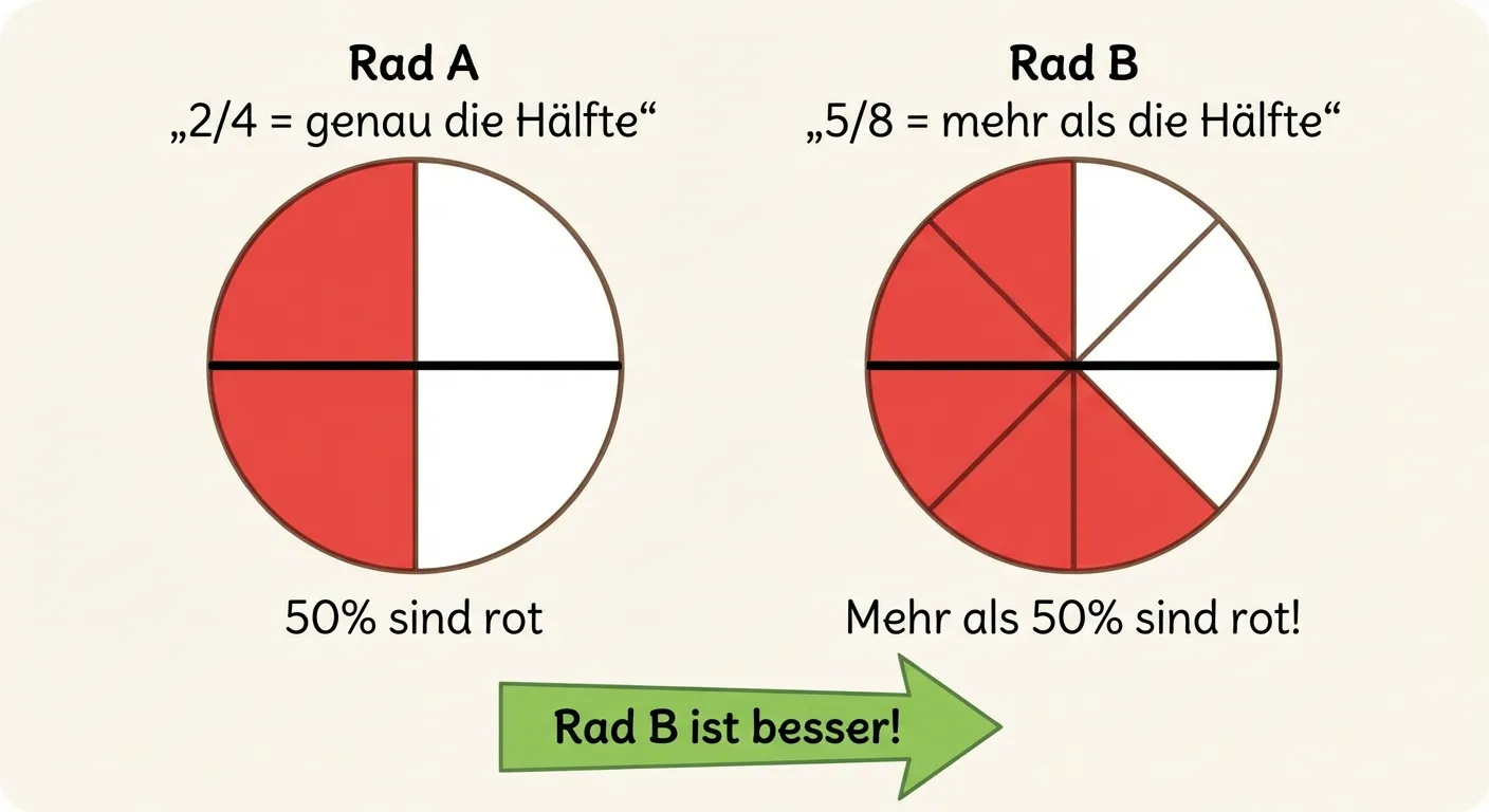 Erstelle eine visuelle Darstellung, die zeigt, wie man Brüche mit der Hälfte vergleicht.

**Aufbau:**
Zwei Kreise nebeneinander (wie Torten), die die Brüche darstellen

**Linker Kreis (Rad A):**
- In 4 Teile geteilt
- 2 Teile rot ausgefüllt (exakt die Hälfte)
- Beschriftung: „2/4 = genau die Hälfte“
- Eine horizontale Linie zeigt die Hälfte
- Darunter: „50% sind rot“

**Rechter Kreis (Rad B):**
- In 8 Teile geteilt
- 5 Teile rot ausgefüllt
- Beschriftung: „5/8 = mehr als die Hälfte“
- Eine horizontale Linie zeigt die Hälfte (4/8)
- Der rote Bereich geht über die Hälfte hinaus
- Darunter: „Mehr als 50% sind rot!“

**Unten:**
Ein grüner Pfeil zeigt auf Rad B mit Text: „Rad B ist besser!“

**Gestaltung:**
- Klare Kreisdiagramme
- Hälfte-Linie deutlich eingezeichnet
- Kinderfreundlicher Stil
- Heller Hintergrund