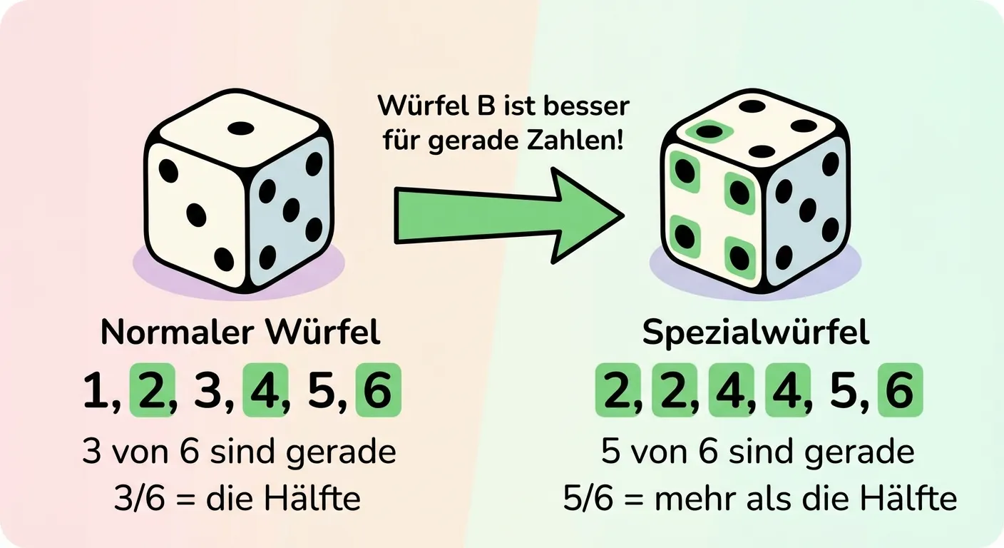 Erstelle eine Illustration mit zwei verschiedenen Würfeln zum Vergleichen.

**Aufbau:**
Zwei Würfel nebeneinander mit ihren Zahlen

**Linker Würfel (Würfel A) - normaler Würfel:**
- Zeigt Zahlen 1, 2, 3, 4, 5, 6 auf den Seiten
- Beschriftung: „Normaler Würfel“
- Darunter die 6 Seiten aufgelistet: 1, 2, 3, 4, 5, 6
- Gerade Zahlen (2, 4, 6) grün markiert
- Text: „3 von 6 sind gerade“
- Bruch: „3/6 = die Hälfte“

**Rechter Würfel (Würfel B) - Spezialwürfel:**
- Zeigt Zahlen 2, 2, 4, 4, 5, 6 auf den Seiten
- Beschriftung: „Spezialwürfel“
- Darunter die 6 Seiten aufgelistet: 2, 2, 4, 4, 5, 6
- Gerade Zahlen (2, 2, 4, 4, 6) grün markiert
- Text: „5 von 6 sind gerade“
- Bruch: „5/6 = mehr als die Hälfte“

**Unten:**
Grüner Pfeil auf Würfel B: „Würfel B ist besser für gerade Zahlen!“

**Gestaltung:**
- Klare 3D-Würfel-Darstellung
- Gerade Zahlen farblich hervorgehoben
- Kinderfreundlicher Cartoon-Stil
- Heller Hintergrund