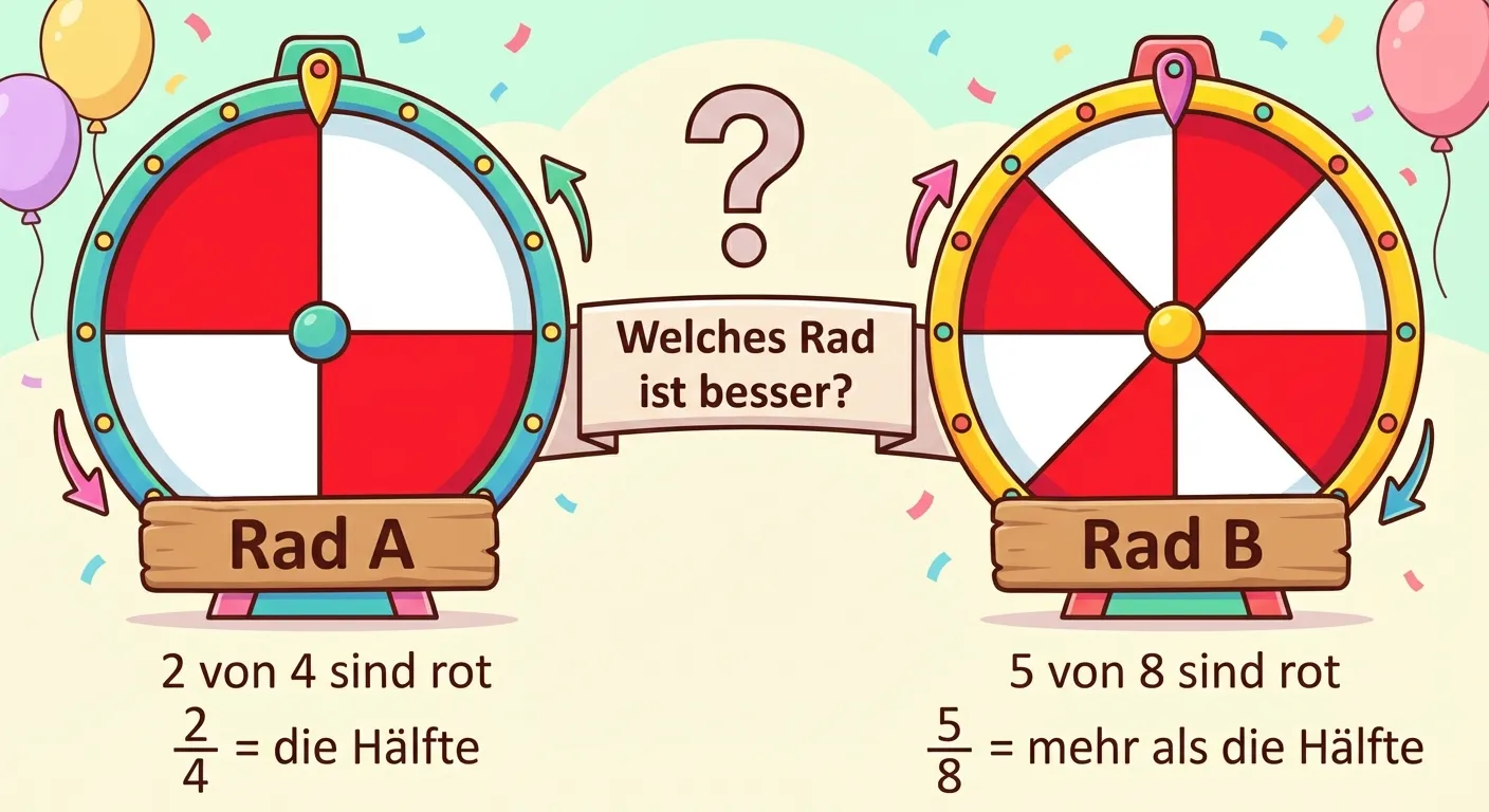 Erstelle eine Illustration mit zwei Glücksrädern nebeneinander zum Vergleichen.

**Aufbau:**
Zwei große Glücksräder nebeneinander mit Beschriftungen

**Linkes Glücksrad (Rad A):**
- 4 gleichgroße Felder
- 2 Felder ROT, 2 Felder WEISS
- Großes Schild darunter: „Rad A“
- Darunter: „2 von 4 sind rot“
- Bruch: „2/4 = die Hälfte“

**Rechtes Glücksrad (Rad B):**
- 8 gleichgroße Felder
- 5 Felder ROT, 3 Felder WEISS
- Großes Schild darunter: „Rad B“
- Darunter: „5 von 8 sind rot“
- Bruch: „5/8 = mehr als die Hälfte“

**Zwischen den Rädern:**
Ein großes Fragezeichen mit Text: „Welches Rad ist besser?“

**Gestaltung:**
- Beide Räder gleich groß
- Rote und weiße Felder deutlich unterscheidbar
- Kinderfreundlicher Cartoon-Stil
- Heller Hintergrund