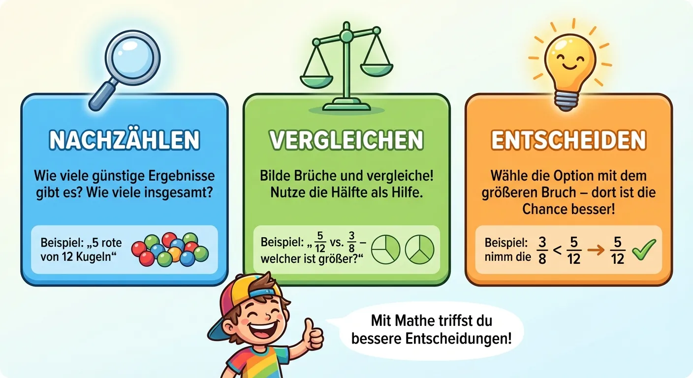Erstelle eine Infografik mit drei Tipps für kluge Entscheidungen.

**Aufbau:**
Drei große Tipps in bunten Boxen

**Tipp 1 (blau):**
Icon: Lupe
Überschrift: „NACHZÄHLEN“
Text: „Wie viele günstige Ergebnisse gibt es? Wie viele insgesamt?“
Beispiel: „5 rote von 12 Kugeln“

**Tipp 2 (grün):**
Icon: Waage
Überschrift: „VERGLEICHEN“
Text: „Bilde Brüche und vergleiche! Nutze die Hälfte als Hilfe.“
Beispiel: „5/12 vs. 3/8 – welcher ist größer?“

**Tipp 3 (orange):**
Icon: Glühbirne
Überschrift: „ENTSCHEIDEN