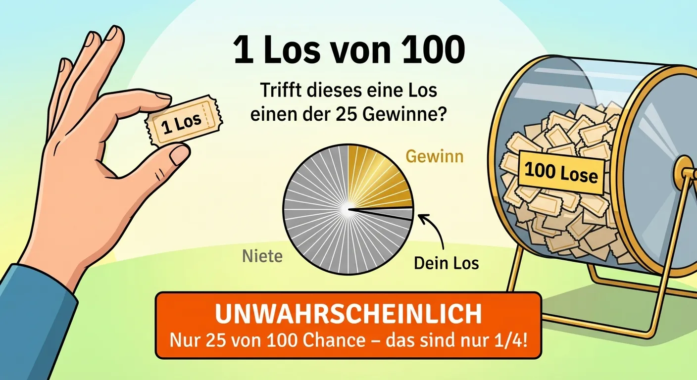 Erstelle eine Illustration, die zeigt, wie unwahrscheinlich es ist, mit einem Los zu gewinnen.

**Aufbau:**
Links: Eine Hand hält EIN Los
Rechts: Die Lostrommel mit 100 Losen

**Berechnung in der Mitte:**
„1 Los von 100“
Große Frage: „Trifft dieses eine Los einen der 25 Gewinne?“

**Darunter:**
Ein Kreis-Diagramm mit 100 kleinen Segmenten
- 25 Segmente golden (Gewinn)
- 75 Segmente grau (Niete)
- Ein Pfeil zeigt auf EIN kleines Segment: „Dein Los“

**Unten:**
Orange Box mit: „UNWAHRSCHEINLICH“
Text: „Nur 25 von 100 Chance – das sind nur 1/4!“

**Gestaltung:**
- Das eine Los wirkt klein gegenüber den vielen
- Klare Visualisierung der geringen Chance
- Kinderfreundlicher Cartoon-Stil
- Heller Hintergrund