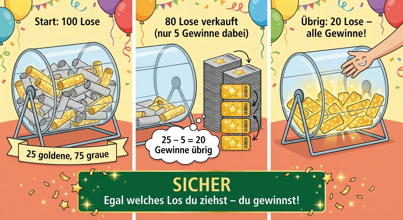 Erstelle eine Illustration für den sicheren Gewinn.

**Aufbau:**
Eine Geschichte in 3 Schritten von links nach rechts:

**Schritt 1 (links):**
Die Lostrommel am Anfang: 100 Lose (25 golden, 75 grau)
Beschriftung: „Start: 100 Lose“

**Schritt 2 (Mitte):**
80 Lose wurden verkauft (als Stapel neben der Trommel)
Davon waren 5 golden (mit Sternen markiert)
Beschriftung: „80 Lose verkauft (nur 5 Gewinne dabei)“
Kleine Rechnung: „25 - 5 = 20 Gewinne übrig“

**Schritt 3 (rechts):**
Die Trommel jetzt: Nur noch 20 Lose – ALLE sind golden!
Beschriftung: „Übrig: 20 Lose – alle Gewinne!“
Eine Hand greift nach einem Los

**Unten:**
Dunkelgrüne Box mit: „SICHER“
Text: „Egal welches Los du ziehst – du gewinnst!“
Konfetti und Sterne drumherum

**Gestaltung:**
- Klare Erzählung in Schritten
- Die goldenen Lose am Ende leuchten besonders
- Kinderfreundlicher Cartoon-Stil
- Festlicher Hintergrund