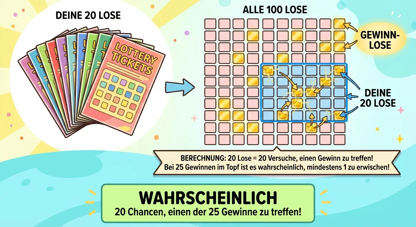 Erstelle eine Illustration, die zeigt, warum es wahrscheinlich ist, mit 20 Losen zu gewinnen.

**Aufbau:**
Links: Ein Stapel von 20 Losen (fächerförmig angeordnet)
Rechts: Das 10×10 Raster aller 100 Lose

**Im Raster:**
- 25 goldene Gewinn-Lose verteilt
- 20 Lose sind mit einem blauen Rahmen markiert: „Deine 20 Lose“
- Pfeile zeigen, dass einige der markierten Lose auch golden sind

**Berechnung:**
„20 Lose = 20 Versuche, einen Gewinn zu treffen“
„Bei 25 Gewinnen im Topf ist es wahrscheinlich, mindestens 1 zu erwischen!“

**Unten:**
Hellgrüne Box mit: „WAHRSCHEINLICH“
Text: „20 Chancen, einen der 25 Gewinne zu treffen!“

**Gestaltung:**
- Die 20 Lose wirken wie eine gute Menge
- Visualisierung der höheren Chance
- Kinderfreundlicher Cartoon-Stil
- Heller Hintergrund