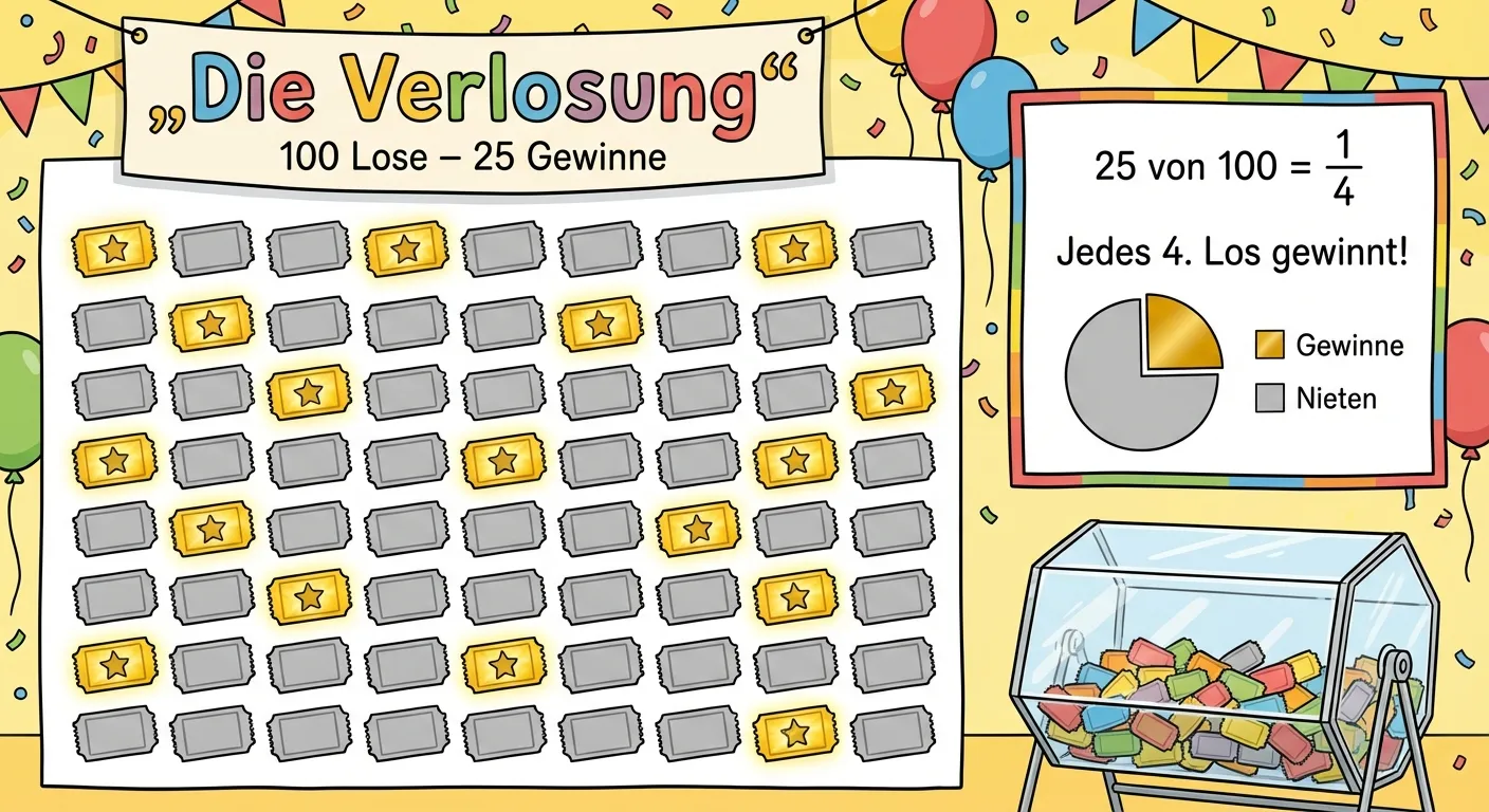 Erstelle eine bunte Illustration einer Verlosung mit 100 Losen.

**Aufbau:**
Ein großer Bereich zeigt alle 100 Lose als Raster (10 × 10)

**Die Lose:**
- 25 Lose sind GOLD (Gewinner) mit einem Stern-Symbol
- 75 Lose sind GRAU (Nieten) ohne Symbol
- Die goldenen Lose sind über das Raster verteilt (nicht alle in einer Ecke)

**Oben:**
Große Überschrift: „Die Verlosung“
Darunter: „100 Lose – 25 Gewinne“

**Rechts daneben:**
Eine Info-Box mit:
- „25 von 100 = 1/4“
- „Jedes 4. Los gewinnt!“
- Ein Torten-Diagramm zeigt 1/4 in Gold, 3/4 in Grau

**Unten:**
Eine Lostrommel mit bunten Losen darin

**Gestaltung:**
- Goldene Gewinn-Lose leuchten
- Übersichtliches Raster
- Kinderfreundlicher Cartoon-Stil
- Heller, festlicher Hintergrund