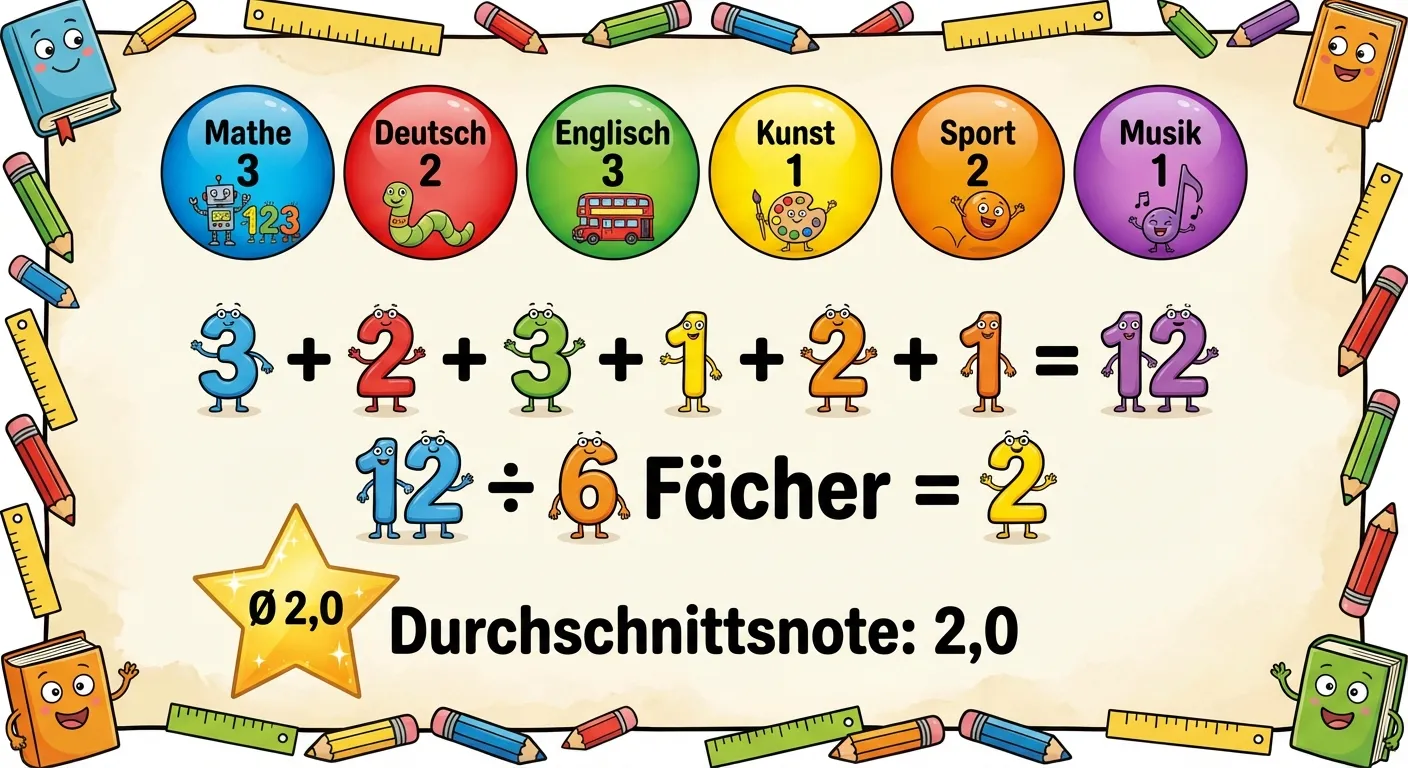Erstelle eine kindgerechte Darstellung der Notenberechnung.

**Aufbau:**
Ein Zeugnis-ähnlicher Rahmen mit den Noten und der Berechnung.

**Oberer Bereich - Die Noten:**
Sechs bunte Kreise in einer Reihe, jeder mit einer Note:
- Blauer Kreis: „Mathe 3“
- Roter Kreis: „Deutsch 2“
- Grüner Kreis: „Englisch 3“
- Gelber Kreis: „Kunst 1“
- Oranger Kreis: „Sport 2“
- Lila Kreis: „Musik 1“

**Mittlerer Bereich - Die Rechnung:**
„3 + 2 + 3 + 1 + 2 + 1 = 12“
Darunter: „12 ÷ 6 Fächer = 2“

**Unterer Bereich - Das Ergebnis:**
Ein großer goldener Stern mit „Ø 2,0“ darin
Darunter: „Durchschnittsnote: 2,0“

**Gestaltung:**
- Bunte, fröhliche Darstellung
- Klare Zahlen und Rechnung
- Cartoon-Stil für 4. Klasse
- Heller, zeugnisartiger Hintergrund
