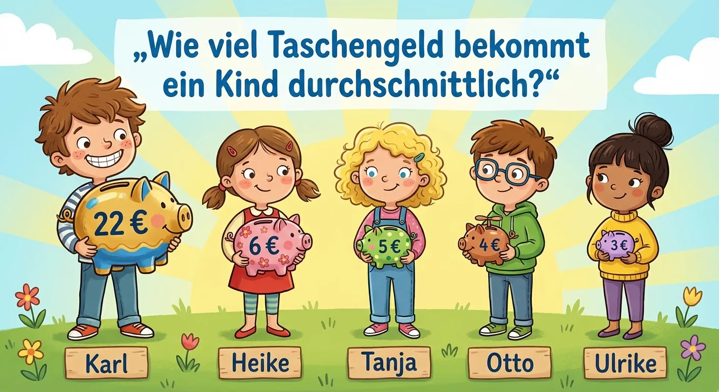 Erstelle eine Illustration von fünf Kindern mit ihrem Taschengeld.

**Aufbau:**
Fünf Kinder stehen in einer Reihe, jedes hält einen Geldbeutel oder Sparschwein mit dem Betrag.

**Von links nach rechts:**
1. **Karl:** Ein Junge mit großem Sparschwein, darauf steht „22 €“ - er lächelt breit
2. **Heike:** Ein Mädchen mit mittlerem Sparschwein, darauf steht „6 €“
3. **Tanja:** Ein Mädchen mit kleinem Sparschwein, darauf steht „5 €“
4. **Otto:** Ein Junge mit kleinem Sparschwein, darauf steht „4 €“
5. **Ulrike:** Ein Mädchen mit winzigem Sparschwein, darauf steht „3 €“

**Unter den Kindern:**
Die Namen sind klar lesbar geschrieben.

**Über dem Bild:**
„Wie viel Taschengeld bekommt ein Kind durchschnittlich?“

**Gestaltung:**
- Freundliche Cartoon-Kinder
- Verschiedene Haarfarben und Kleidung
- Die Größe der Sparschweine entspricht dem Betrag
- Bunte, fröhliche Farben
- Heller Hintergrund