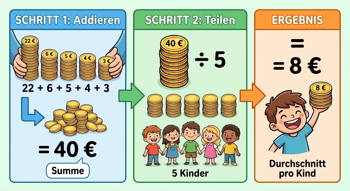 Erstelle eine visuelle Darstellung der Berechnung.

**Aufbau in drei Kästen nebeneinander:**

**Kasten 1 (blau) - „SCHRITT 1: Addieren“:**
Fünf Münzstapel werden zusammengeschoben:
22 + 6 + 5 + 4 + 3
Ein großer Pfeil zeigt auf das Ergebnis: = 40 €
Darunter: „Summe“

**Kasten 2 (grün) - „SCHRITT 2: Teilen“:**
Der Stapel mit 40 € wird in 5 gleiche Teile aufgeteilt
40 ÷ 5
Fünf gleiche kleine Stapel entstehen
Darunter: „5 Kinder“

**Kasten 3 (orange) - „ERGEBNIS“:**
Ein Gleichheitszeichen
= 8 €
Ein Kind hält freudig 8 €
Darunter: „Durchschnitt pro Kind“

**Gestaltung:**
- Drei klar getrennte, farbige Kästen
- Große, lesbare Zahlen
- Pfeile zwischen den Schritten
- Cartoon-Stil für 4. Klasse
- Heller Hintergrund