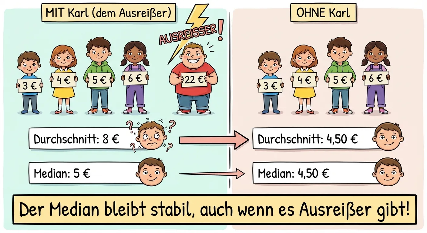 Erstelle eine Illustration, die zeigt, wie ein Ausreißer den Durchschnitt beeinflusst.

**Aufbau:**
Zwei Szenen nebeneinander.

**Linke Szene - „MIT Karl (dem Ausreißer)“:**
Fünf Kinder mit ihren Beträgen: 3, 4, 5, 6, 22
Karl (22 €) steht weit rechts, fast außerhalb der Gruppe, mit einem Blitz oder Ausrufezeichen - „AUSREISSER!“
Zwei Rechnungen darunter:
- „Durchschnitt: 8 €“ (mit einem wackeligen/unsicheren Gesicht)
- „Median: 5 €“ (mit einem stabilen/sicheren Gesicht)

**Rechte Szene - „OHNE Karl“:**
Vier Kinder mit ihren Beträgen: 3, 4, 5, 6
Zwei Rechnungen darunter:
- „Durchschnitt: 4,50 €“ (Pfeil zeigt starke Änderung vom Durchschnitt mit Karl)
- „Median: 4,50 €“ (Pfeil zeigt kleine Änderung)

**Unten als Fazit:**
Ein großer Kasten: „Der Median bleibt stabil, auch wenn es Ausreißer gibt!“

**Gestaltung:**
- Klarer Vergleich der zwei Szenen
- Karl als „Ausreißer“ deutlich markiert
- Pfeile zeigen die Änderungen
- Bunte, kindgerechte Darstellung
- Heller Hintergrund