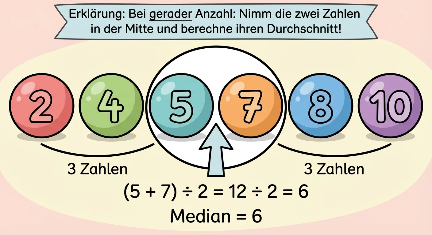 Erstelle eine Illustration für den Median bei gerader Anzahl.

**Aufbau:**
Sechs sortierte Kugeln mit Zahlen in einer Reihe.

**Die Kugeln:**
2, 4, 5, 7, 8, 10

**Hervorhebung:**
Die zwei mittleren Zahlen (5 und 7) sind eingekreist
Ein Pfeil zeigt auf den Bereich zwischen ihnen

**Rechnung darunter:**
„(5 + 7) ÷ 2 = 12 ÷ 2 = 6“
„Median = 6“

**Erklärungstext:**
„Bei gerader Anzahl: Nimm die zwei Zahlen in der Mitte und berechne ihren Durchschnitt!“

**Visuell:**
Links von 5 und 7: „3 Zahlen“
Rechts von 5 und 7: „3 Zahlen“

**Gestaltung:**
- Klare Darstellung der Mitte
- Die zwei mittleren Zahlen deutlich hervorgehoben
- Große, lesbare Zahlen
- Cartoon-Stil für 4. Klasse
- Heller Hintergrund