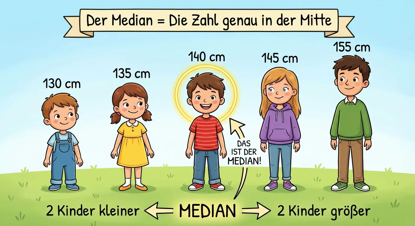 Erstelle eine Illustration, die das Median-Konzept mit sortierten Kindern zeigt.

**Aufbau:**
Fünf Kinder stehen in einer Reihe, sortiert nach ihrer Körpergröße von klein nach groß.

**Von links nach rechts:**
1. Kleinstes Kind (etwa 130 cm) - über dem Kopf steht „130 cm“
2. Zweitkleinstes Kind (etwa 135 cm) - über dem Kopf steht „135 cm“
3. **Mittleres Kind (etwa 140 cm)** - über dem Kopf steht „140 cm“ - dieses Kind ist eingekreist oder hervorgehoben mit einem Pfeil und dem Text „DAS IST DER MEDIAN!“
4. Zweitgrößtes Kind (etwa 145 cm) - über dem Kopf steht „145 cm“
5. Größtes Kind (etwa 155 cm) - über dem Kopf steht „155 cm“

**Unter den Kindern:**
„2 Kinder kleiner ← MEDIAN → 2 Kinder größer“

**Oben als Titel:**
„Der Median = Die Zahl genau in der Mitte“

**Gestaltung:**
- Freundliche Cartoon-Kinder verschiedener Größe
- Das mittlere Kind deutlich hervorgehoben (Kreis, Stern oder leuchtende Farbe)
- Pfeile zeigen „kleiner“ nach links und „größer“ nach rechts
- Bunte, fröhliche Farben
- Heller Hintergrund